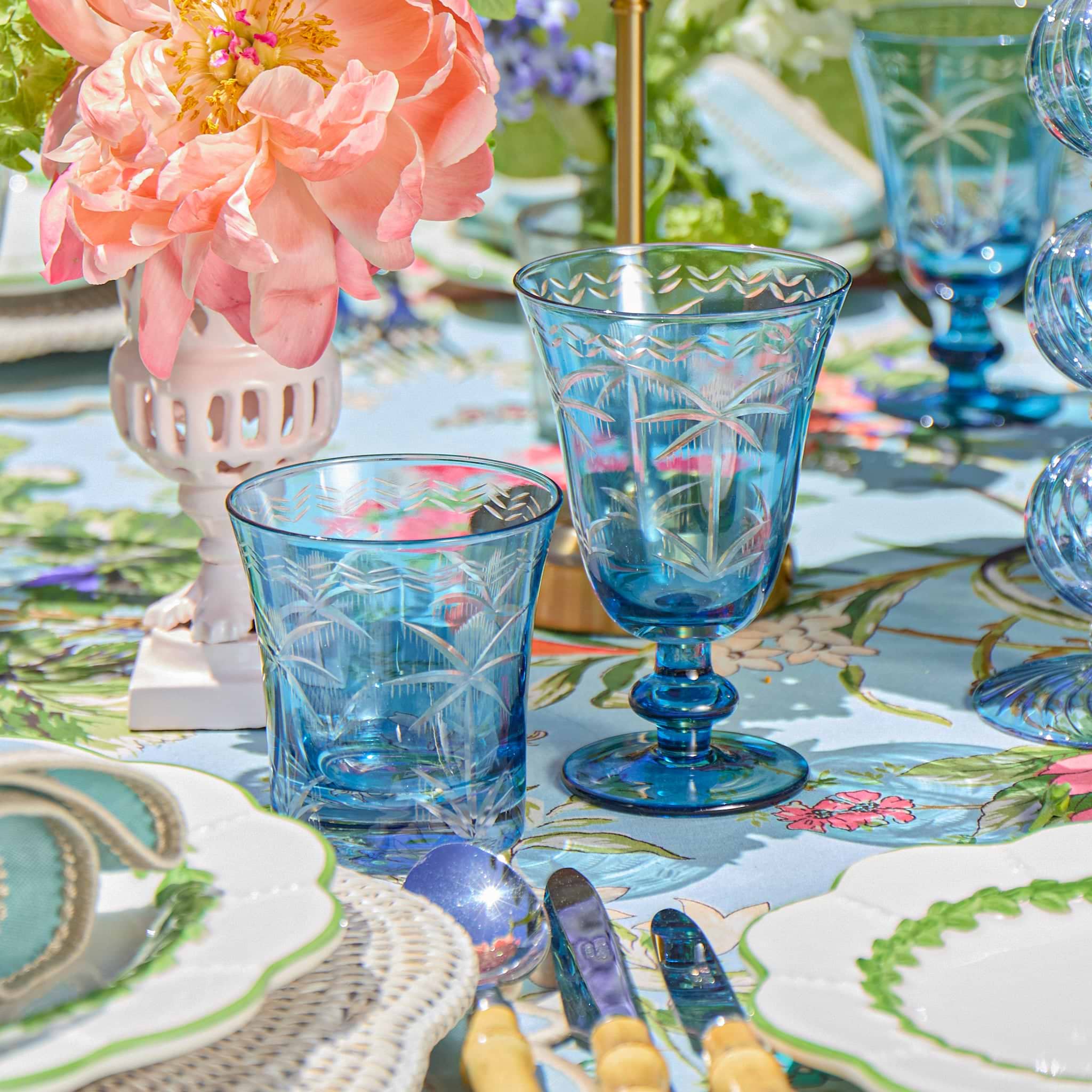 Blue Palm Water Glasses (Set of 4)