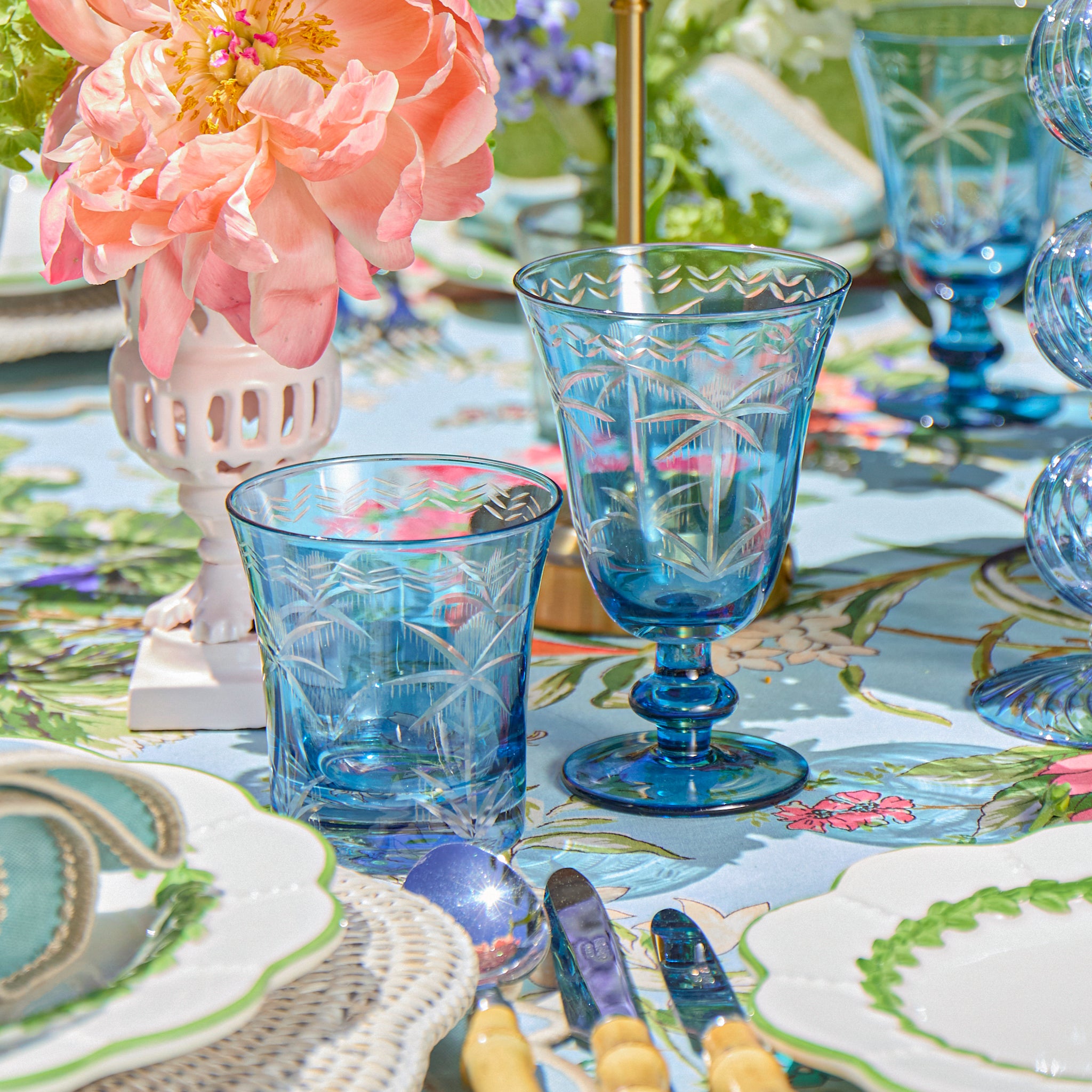 Blue Palm Water Glasses (Set of 4)