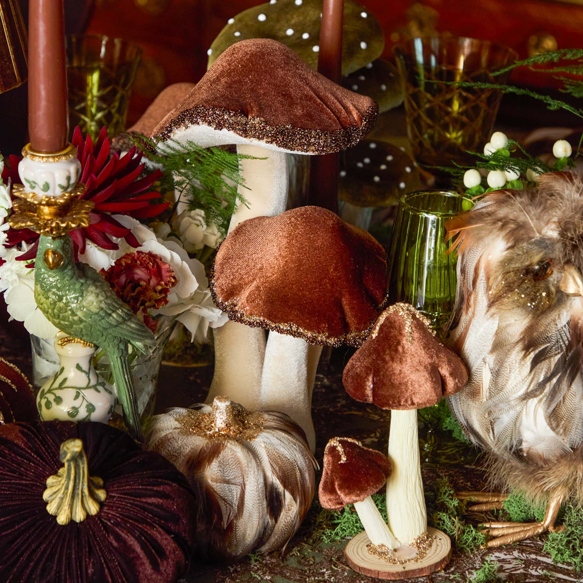 Small Chocolate Glitter Velvet Mushroom (Set of 3)