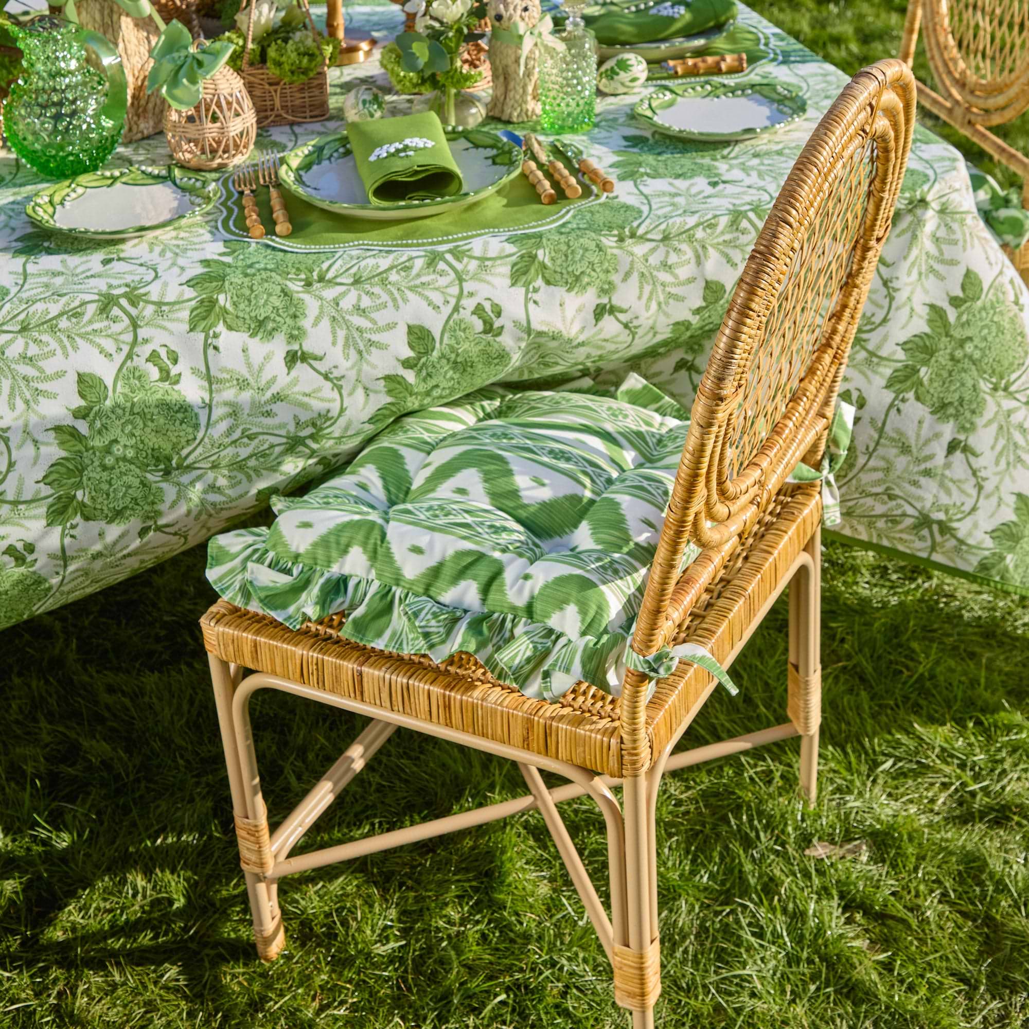 Frilled Green Ikat Seat Pad Cushion