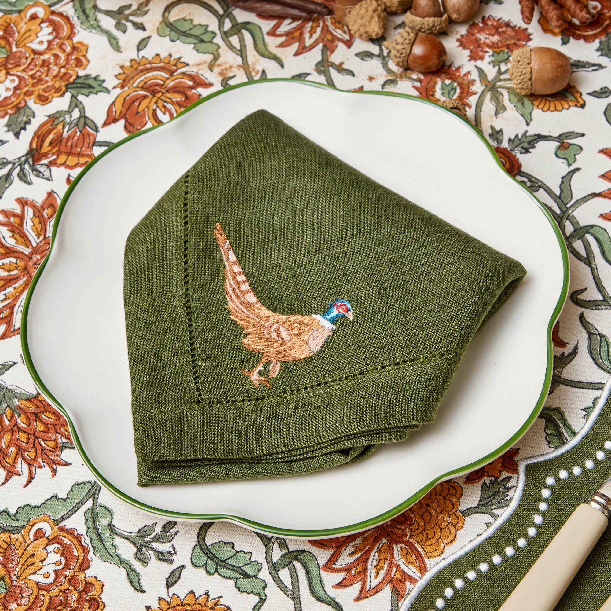 Eloise Forest Green Linen Placemats & Pheasant Napkins (Set of 4)