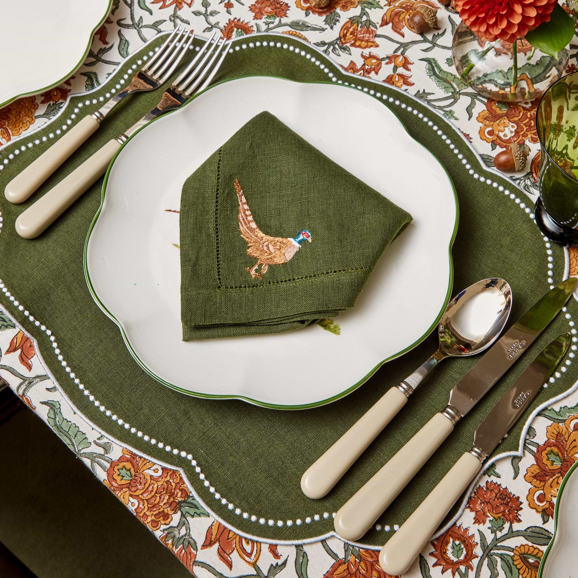 Pheasant Forest Green Linen Napkins (Set of 4)
