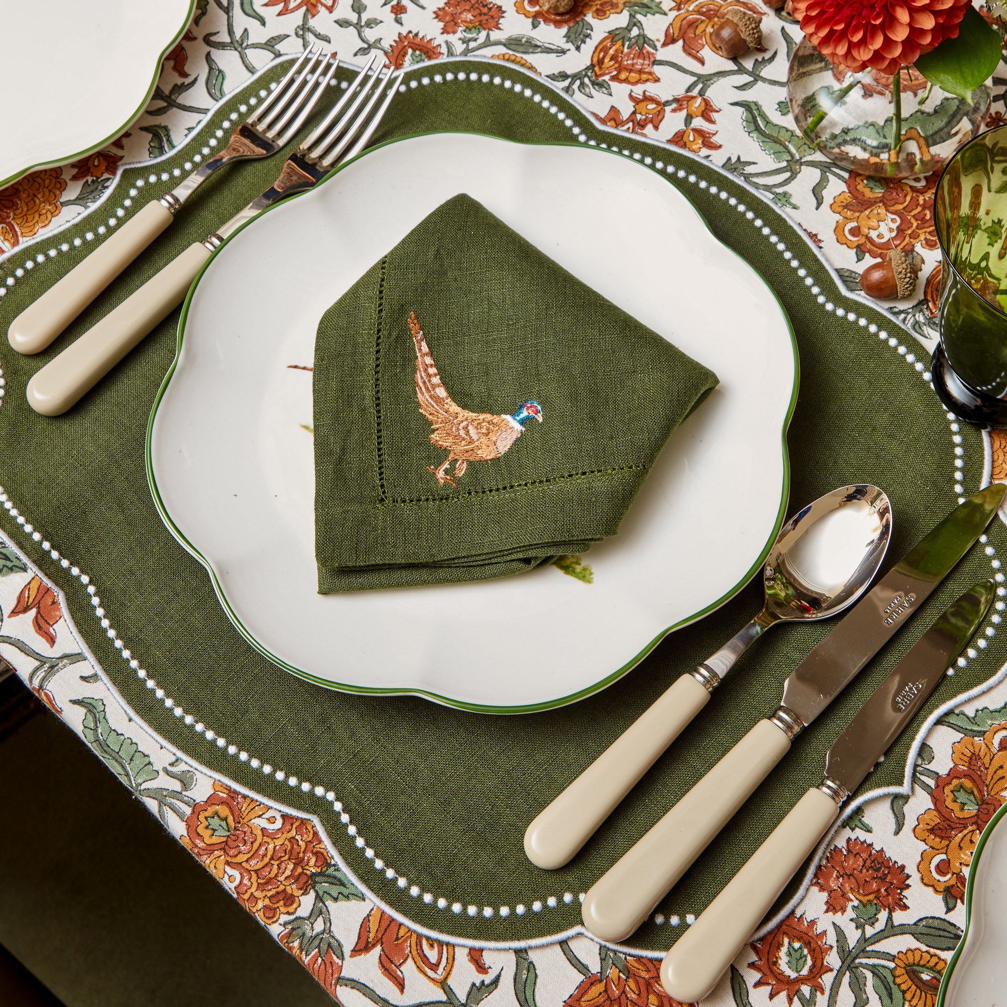 Pheasant Forest Green Linen Napkins (Set of 4)