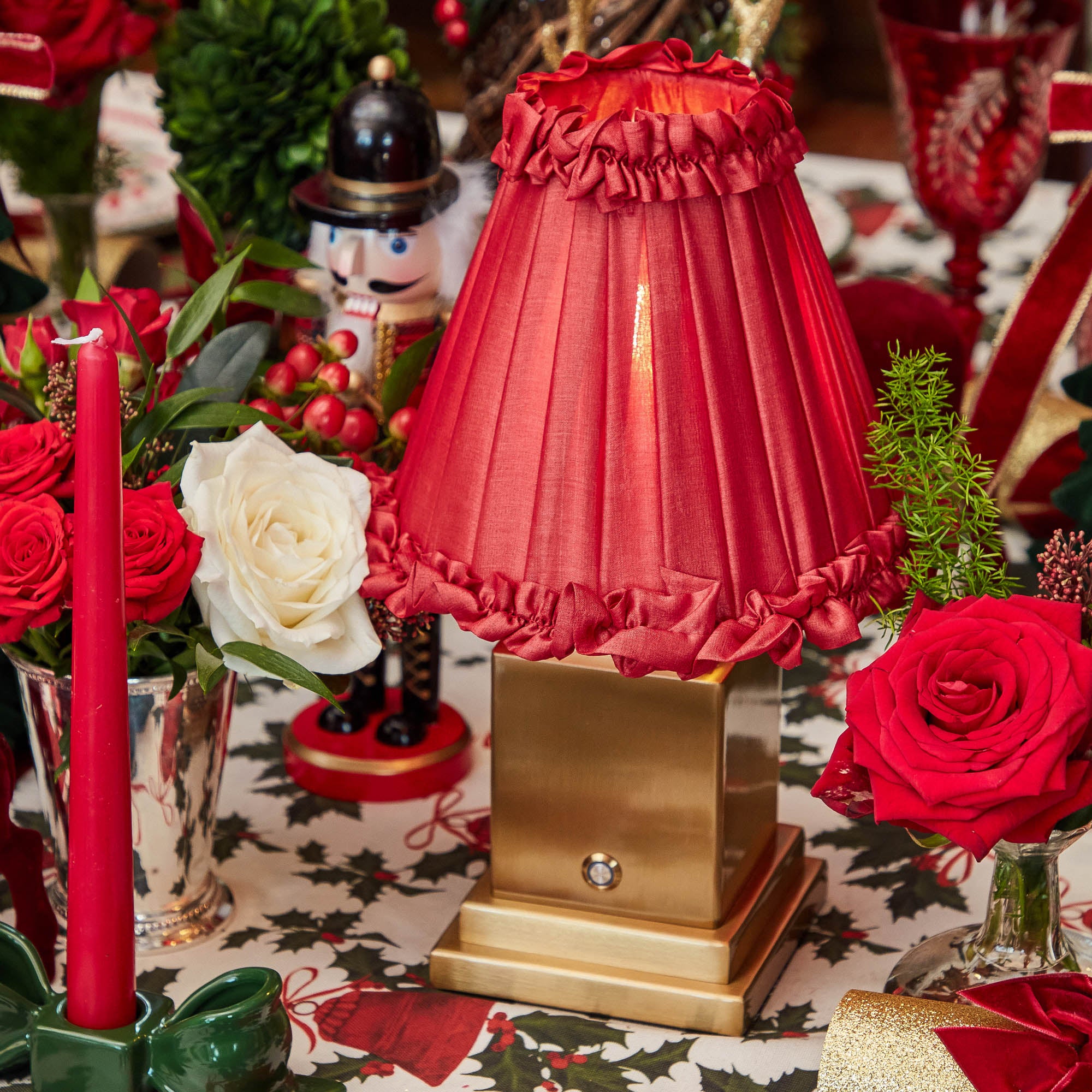 Square Rechargeable Lamp with Red Frilled Silk Shade (18cm)