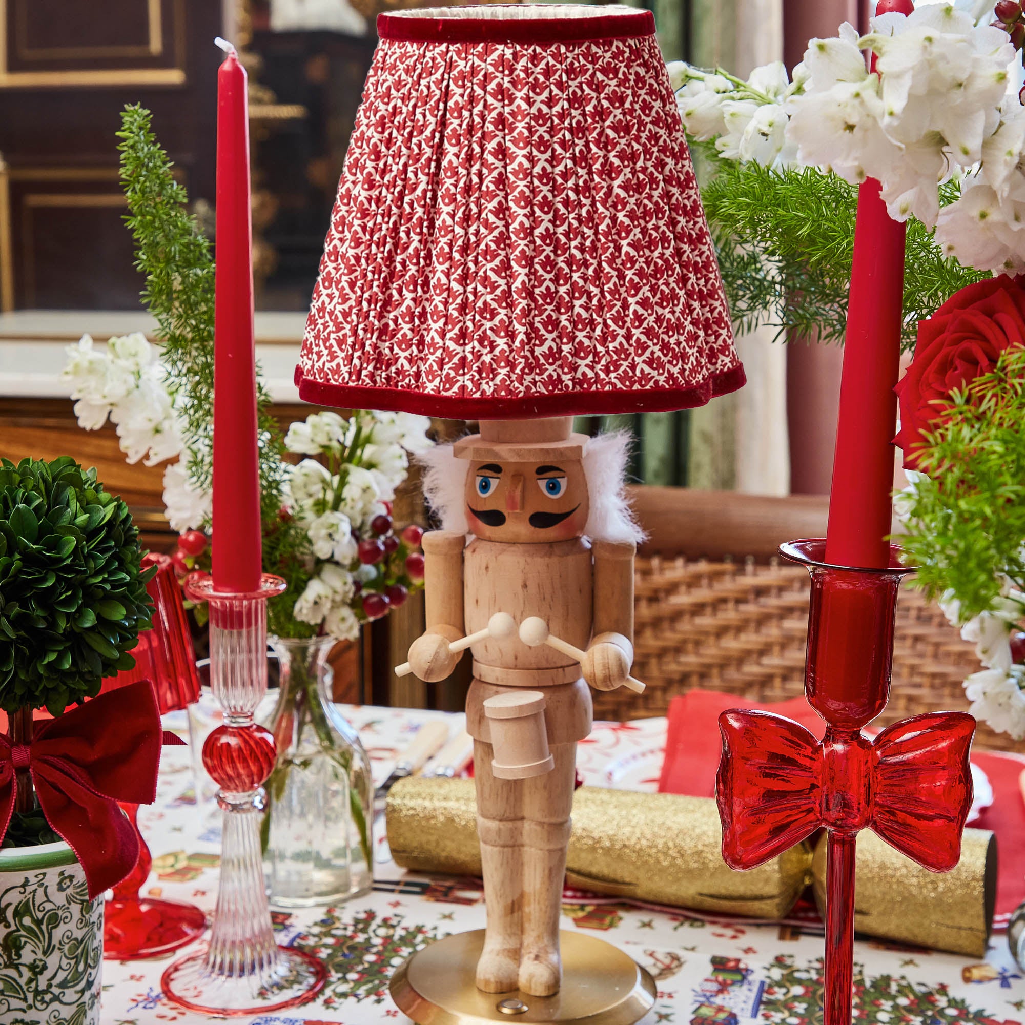 Nutcracker Rechargeable Lamp with Red Lotus Shade (18cm)