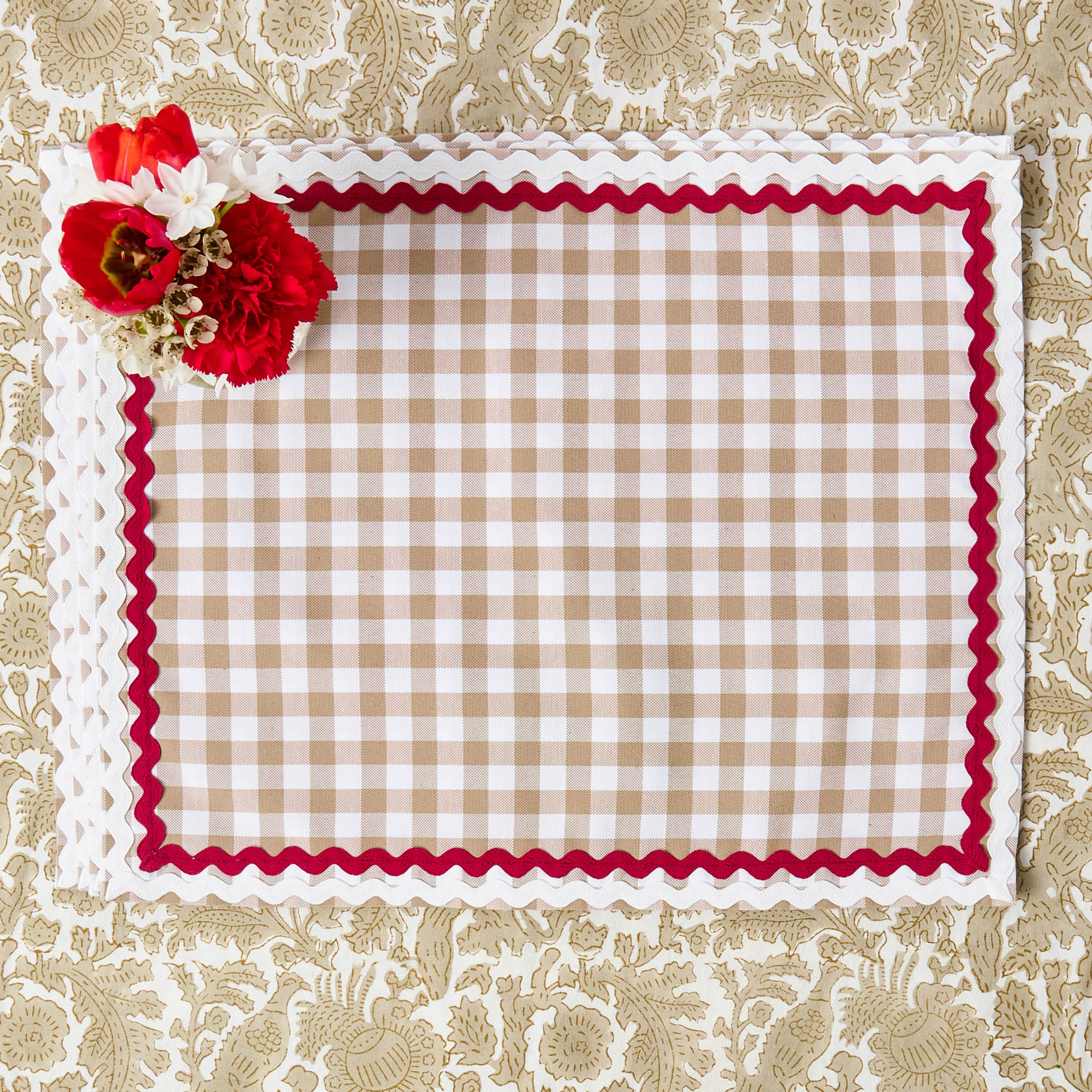 Rossina Putty Gingham & Red Placemats & Napkins (Set of 4)
