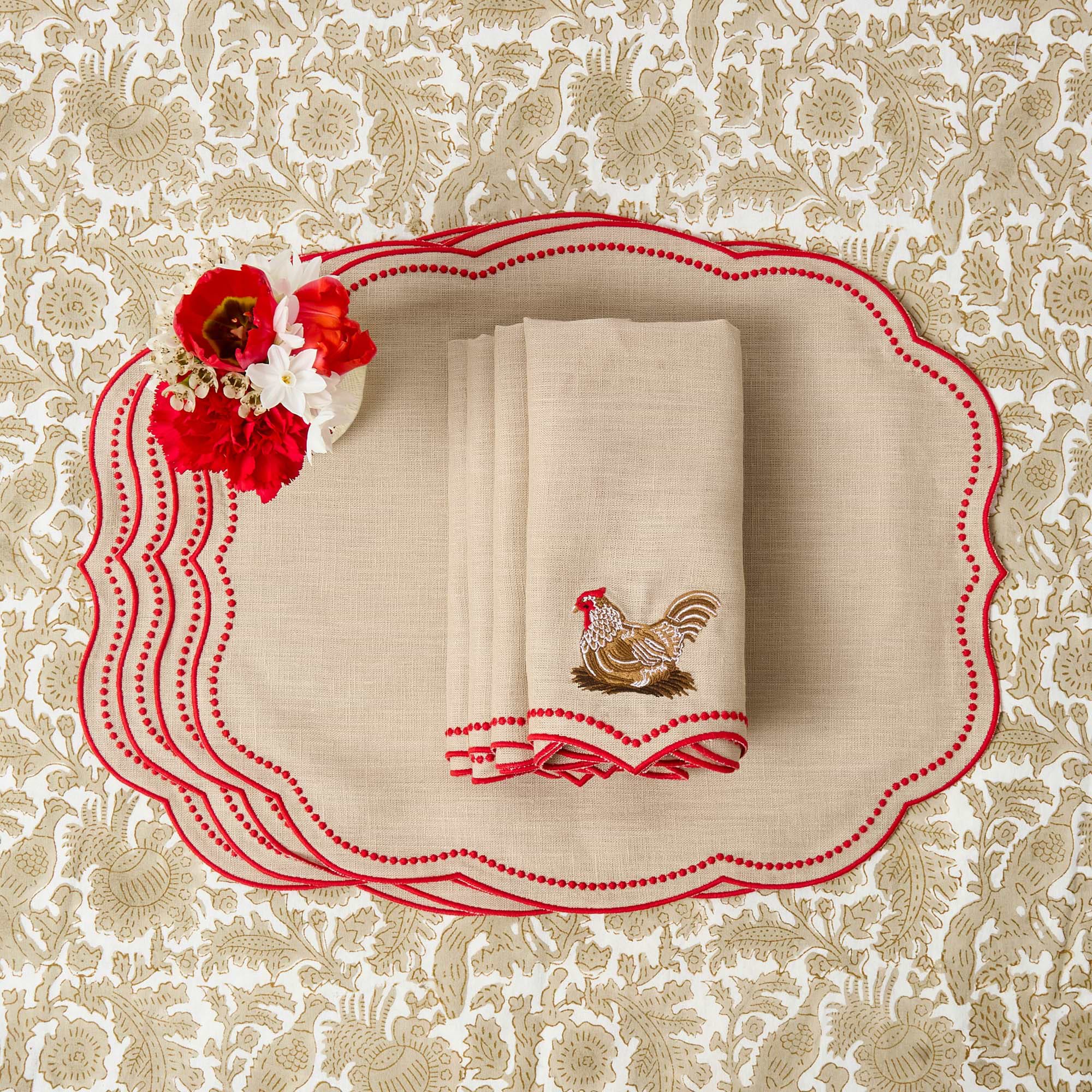 Eloise Putty & Red Linen Placemats & Henrietta Hen Napkins (Set of 4)