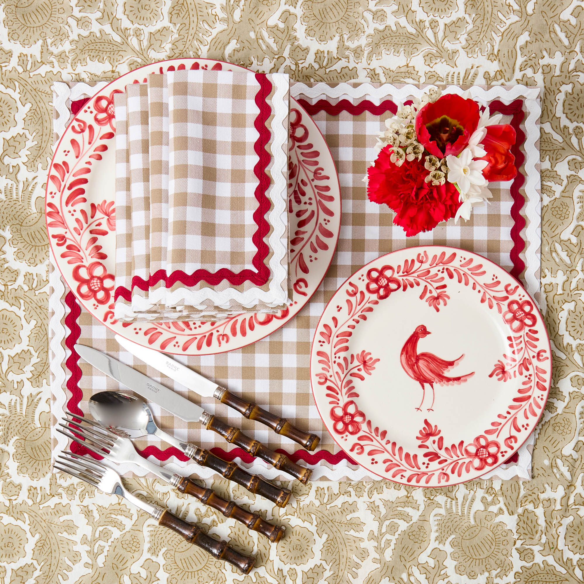 Rossina Putty Gingham & Red Napkins (Set of 4)