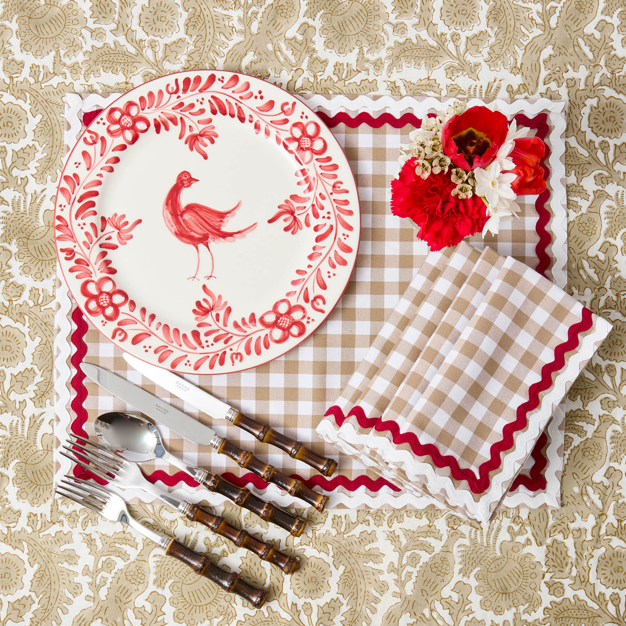 Rossina Putty Gingham & Red Placemats & Napkins (Set of 4)