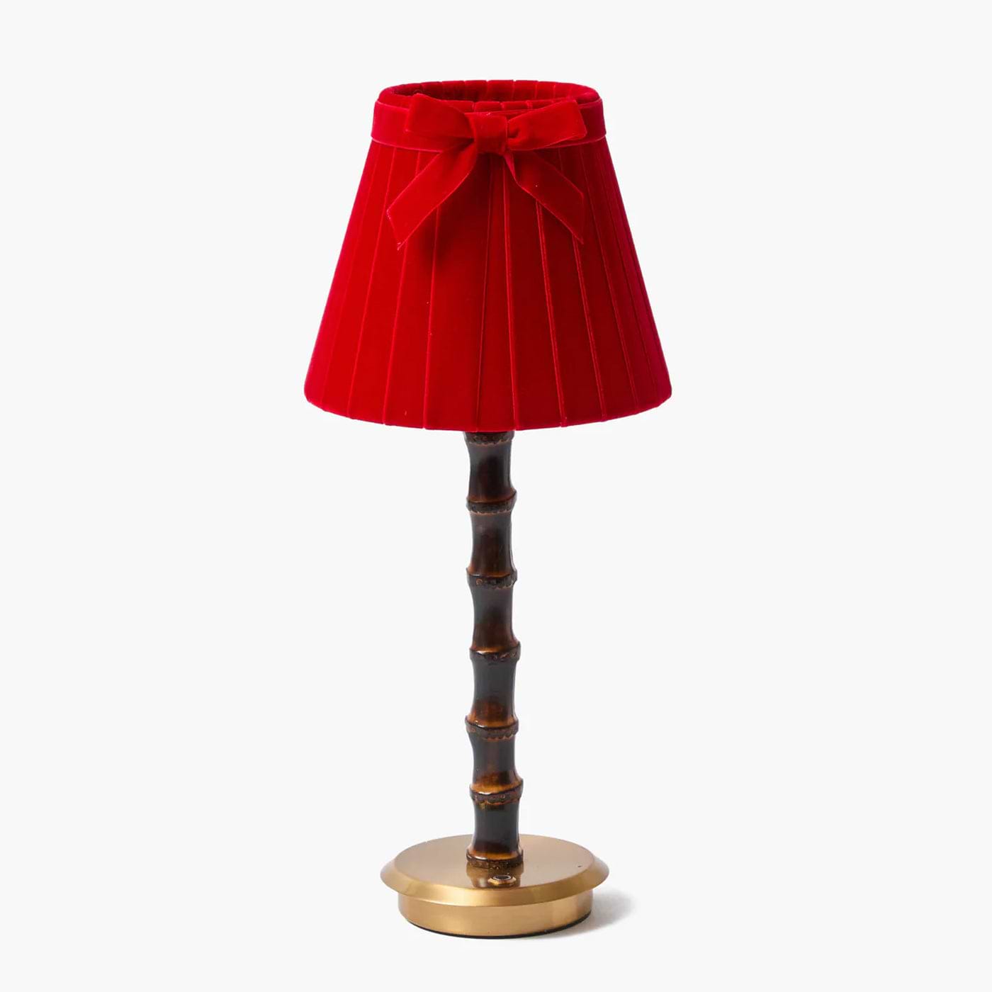 Burnt Bamboo Rechargeable Lamp with Red Velvet Bow Shade (18cm)