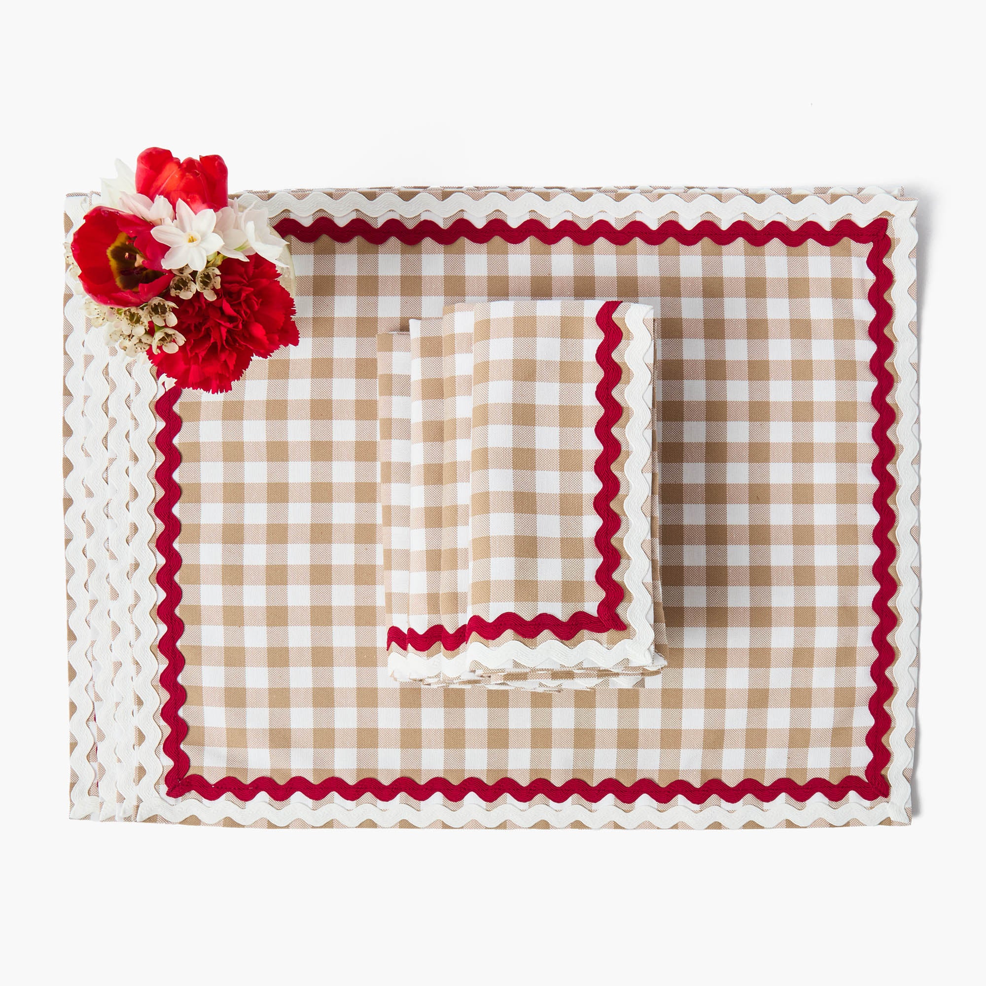 Rossina Putty Gingham & Red Placemats & Napkins (Set of 4)