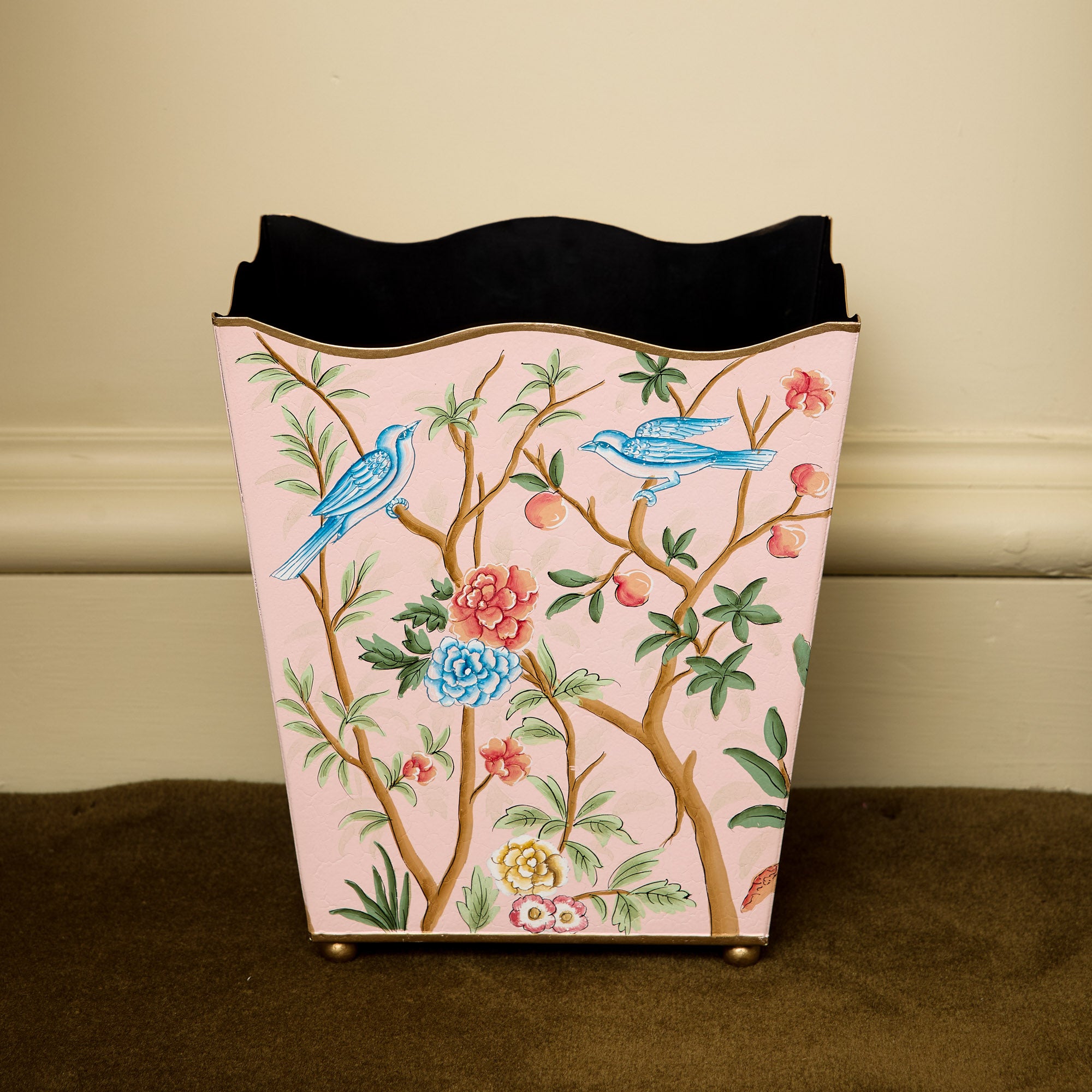 Pink Chinoiserie Tole Waste Paper Bin