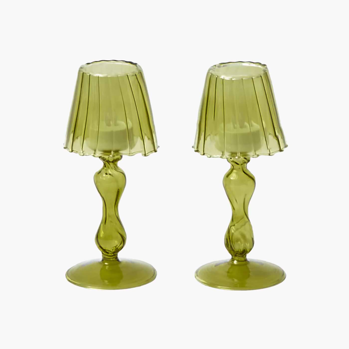 Olive Glass Lantern Tea Light Holder (Pair) - 18 cm