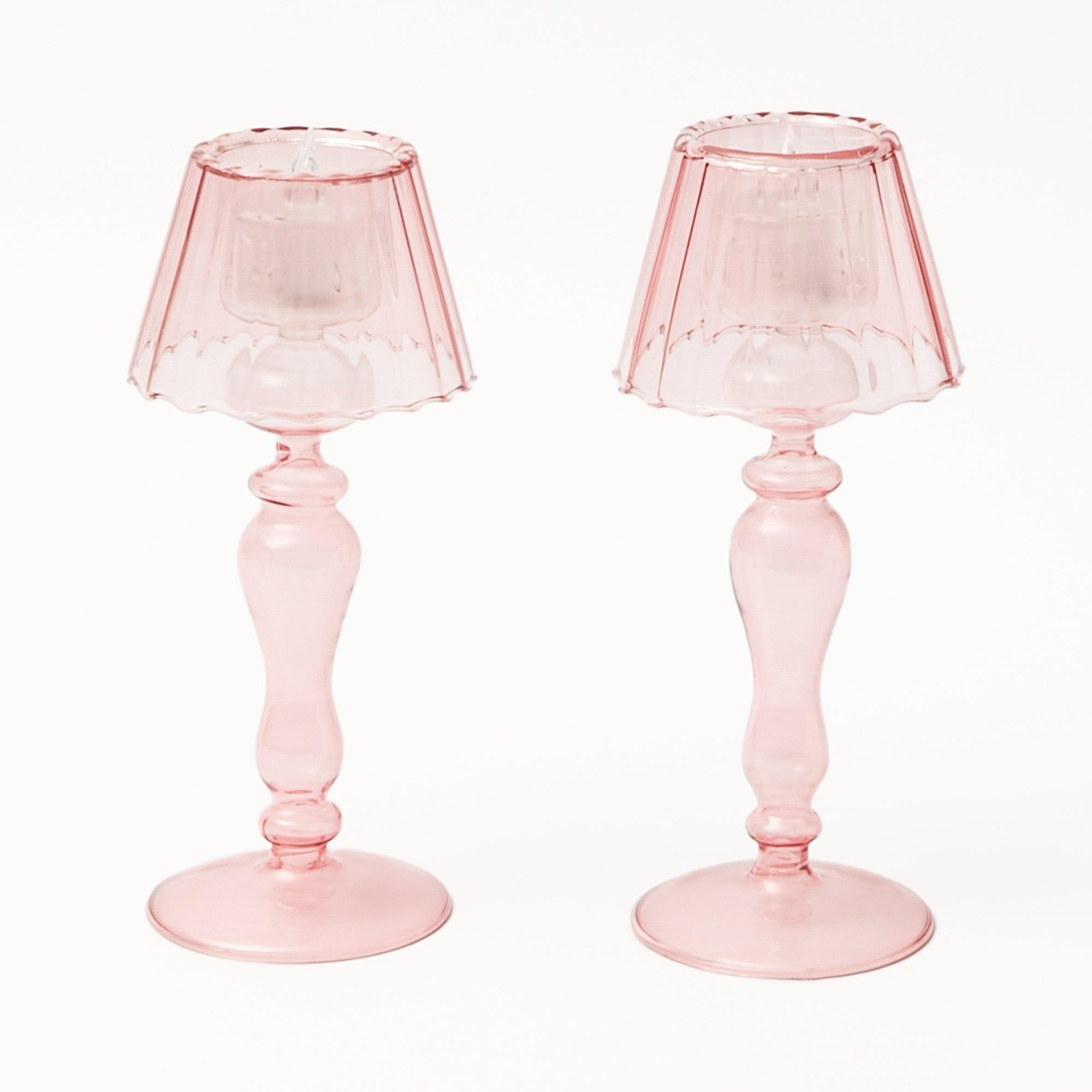 Pink Glass Lantern Tea Light Holder (Pair) - 24cm - Mrs. Alice
