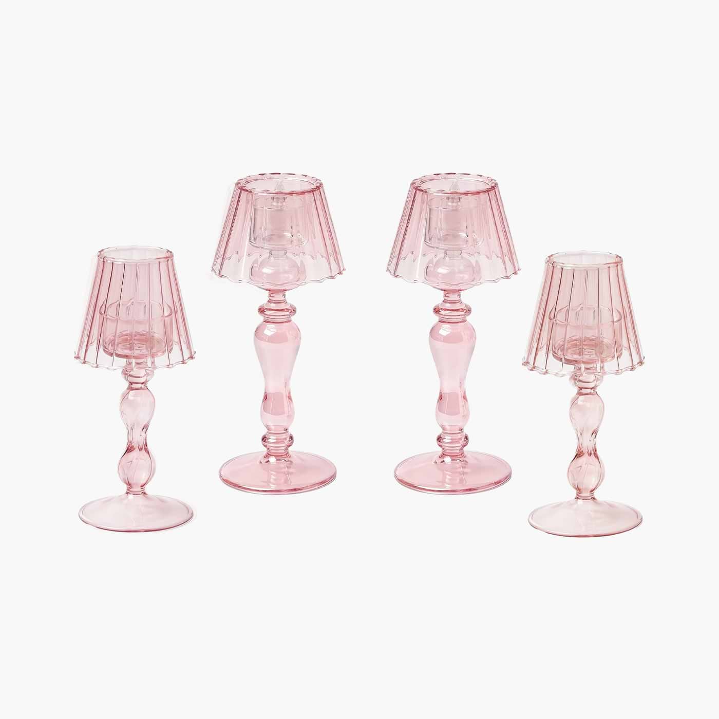 Pink Glass Lantern Tea Light Holder Set