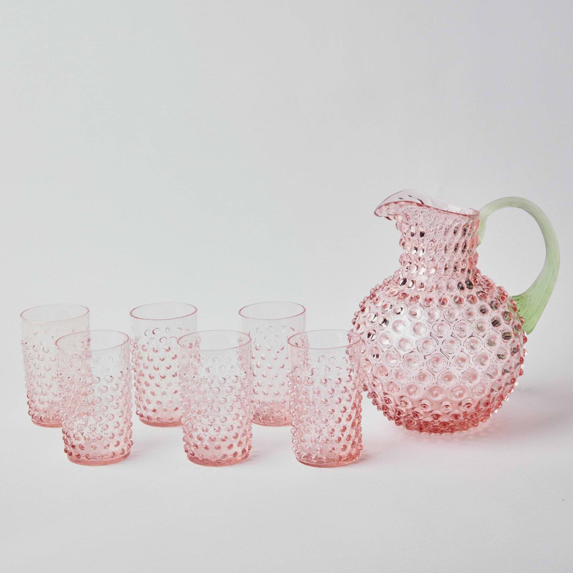 Rose Hobnail Jug with Emerald Handle & Glasses (Set of 6) - Mrs. Alice