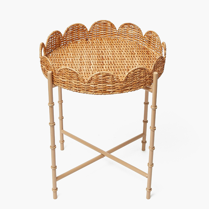 Round Scalloped Rattan Tray With Stand
