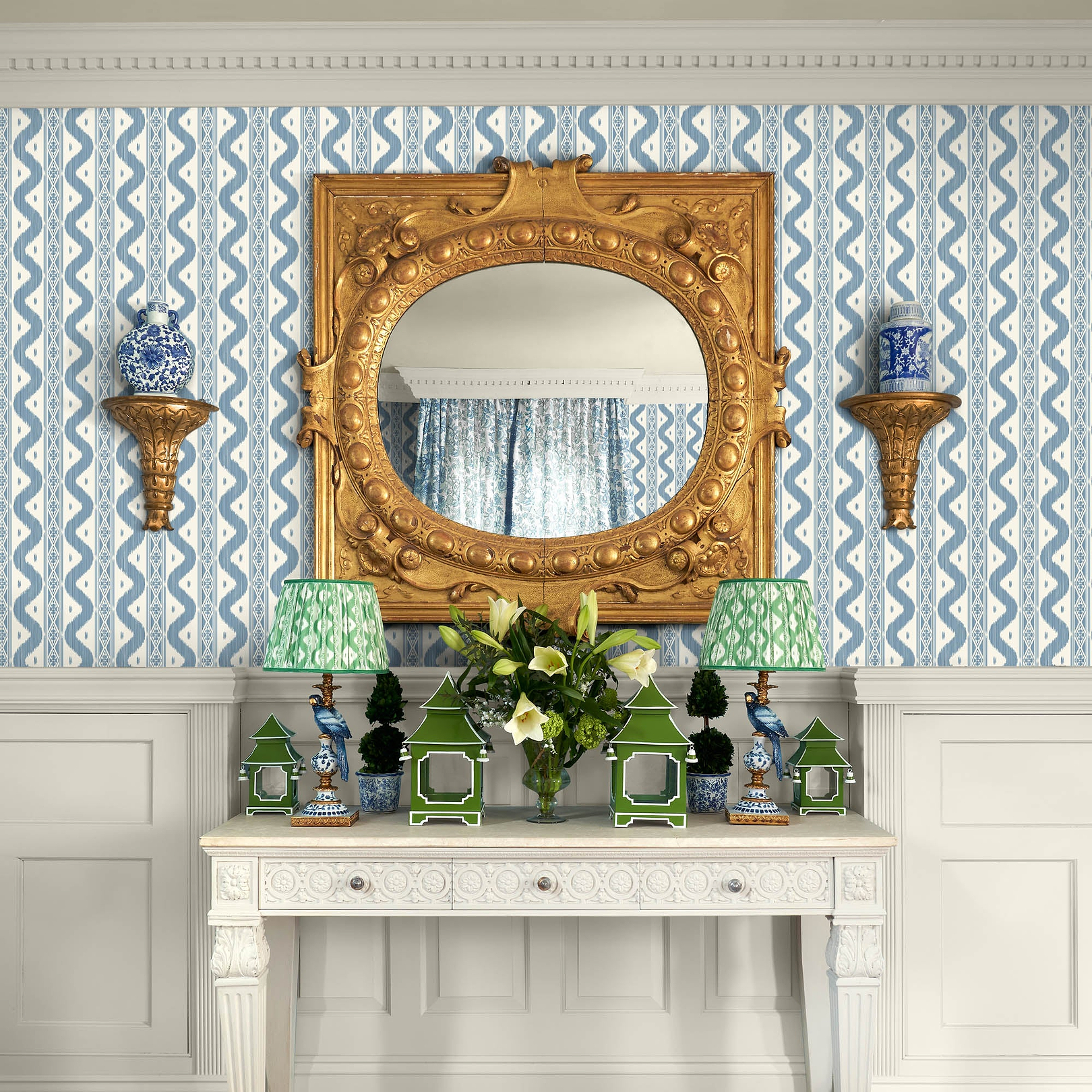 Blue Ikat Stripe Wallpaper