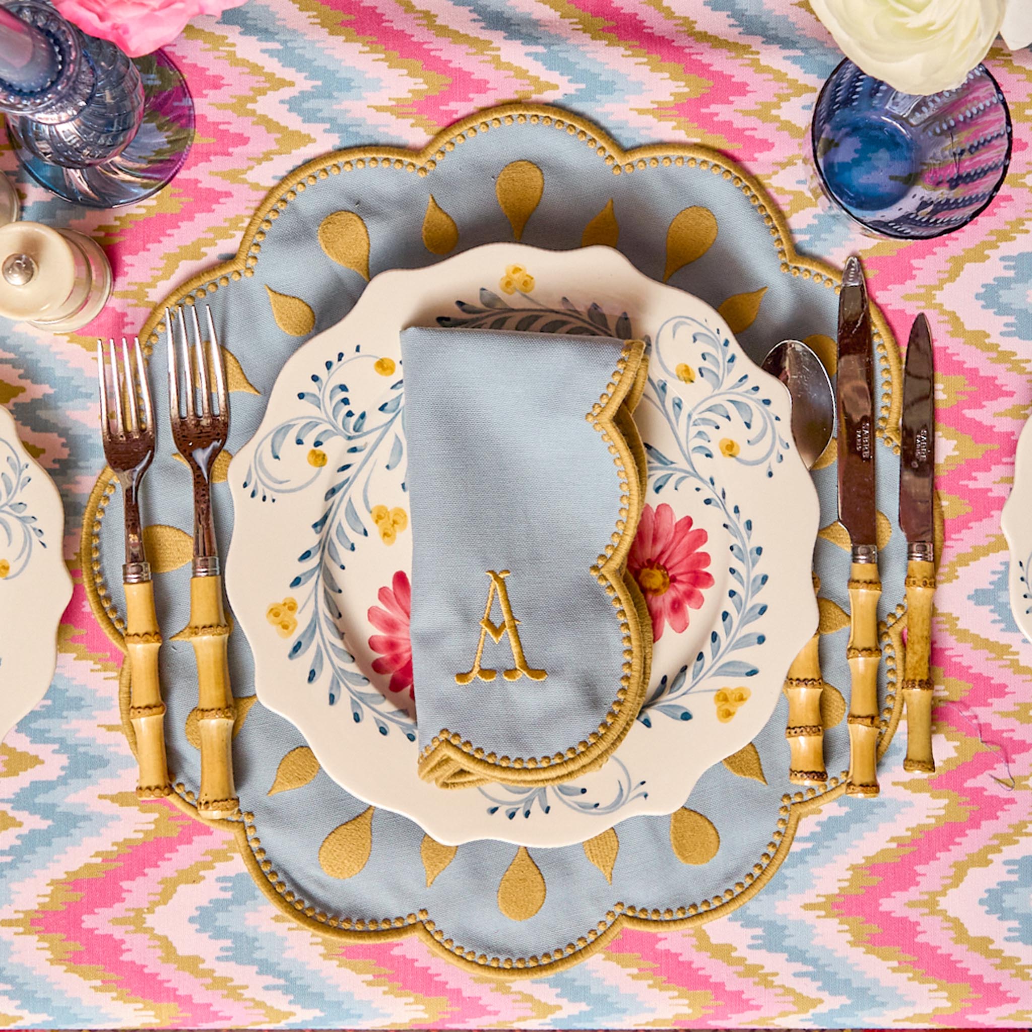 Bettina Blue & Caramel Placemats & Napkins (Set of 4)