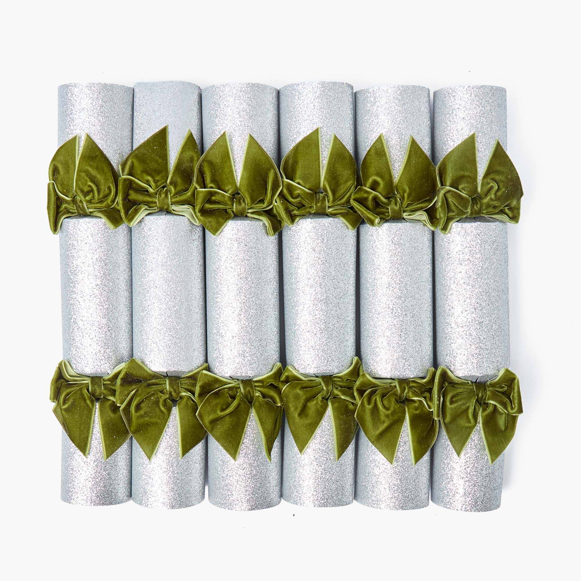 Silver Glitter Crackers with Green Velvet Bow (Box of 6)