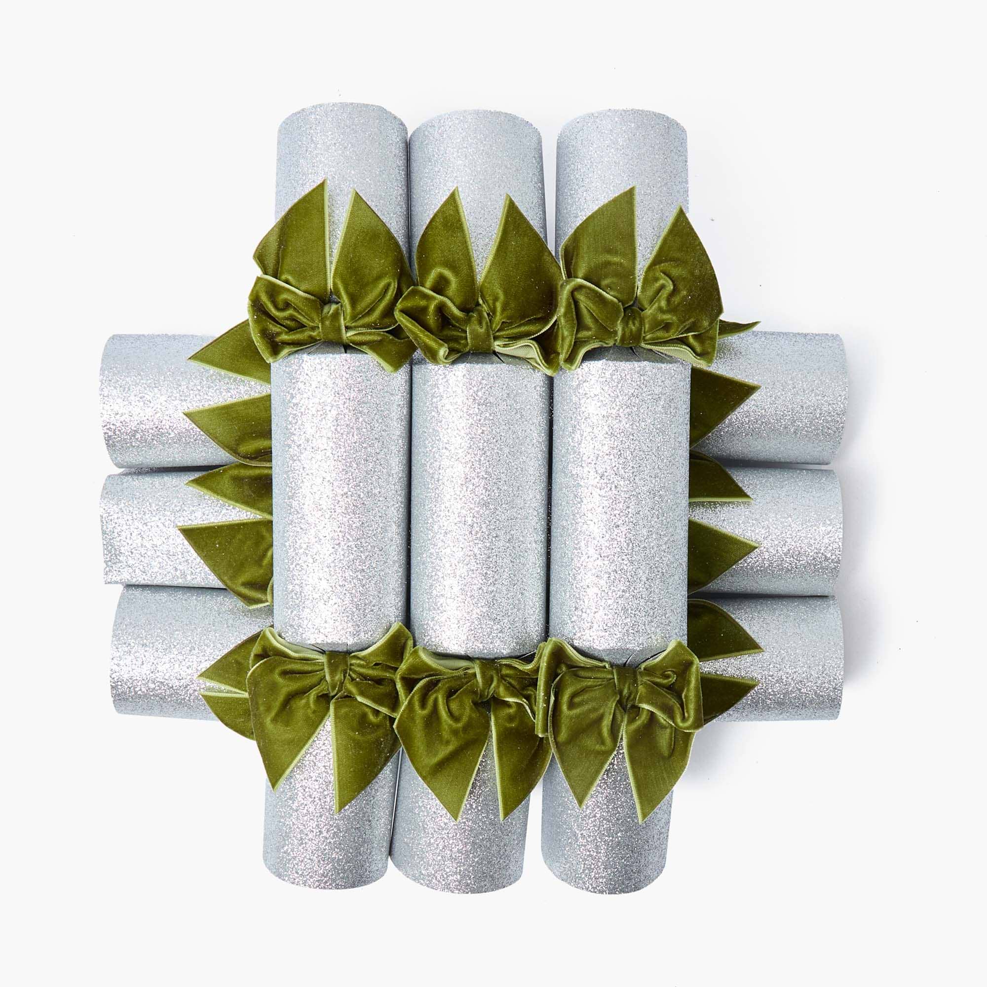 Silver Glitter Crackers with Green Velvet Bow (Box of 6)