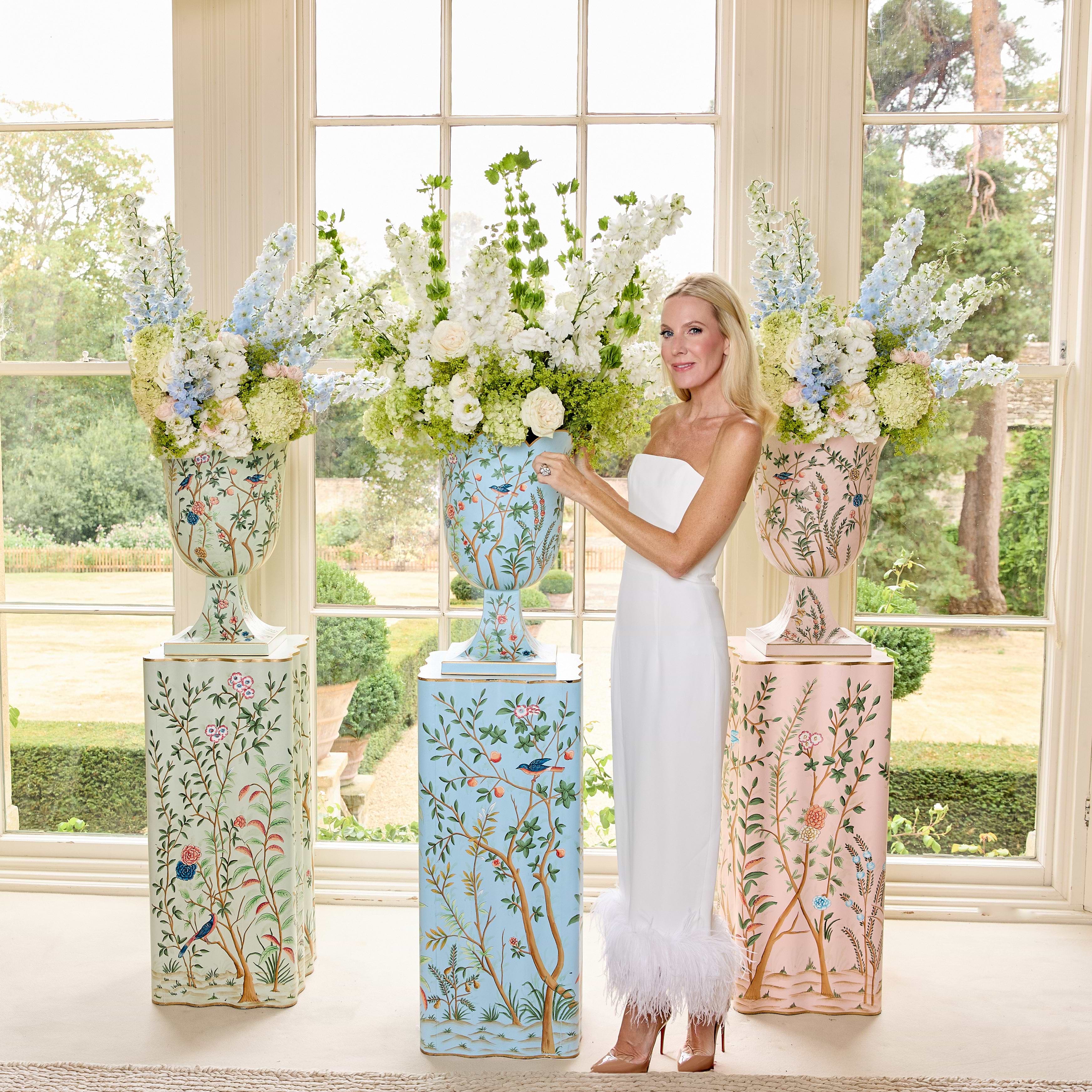 Pink Chinoiserie Tole Urn & Pedestal