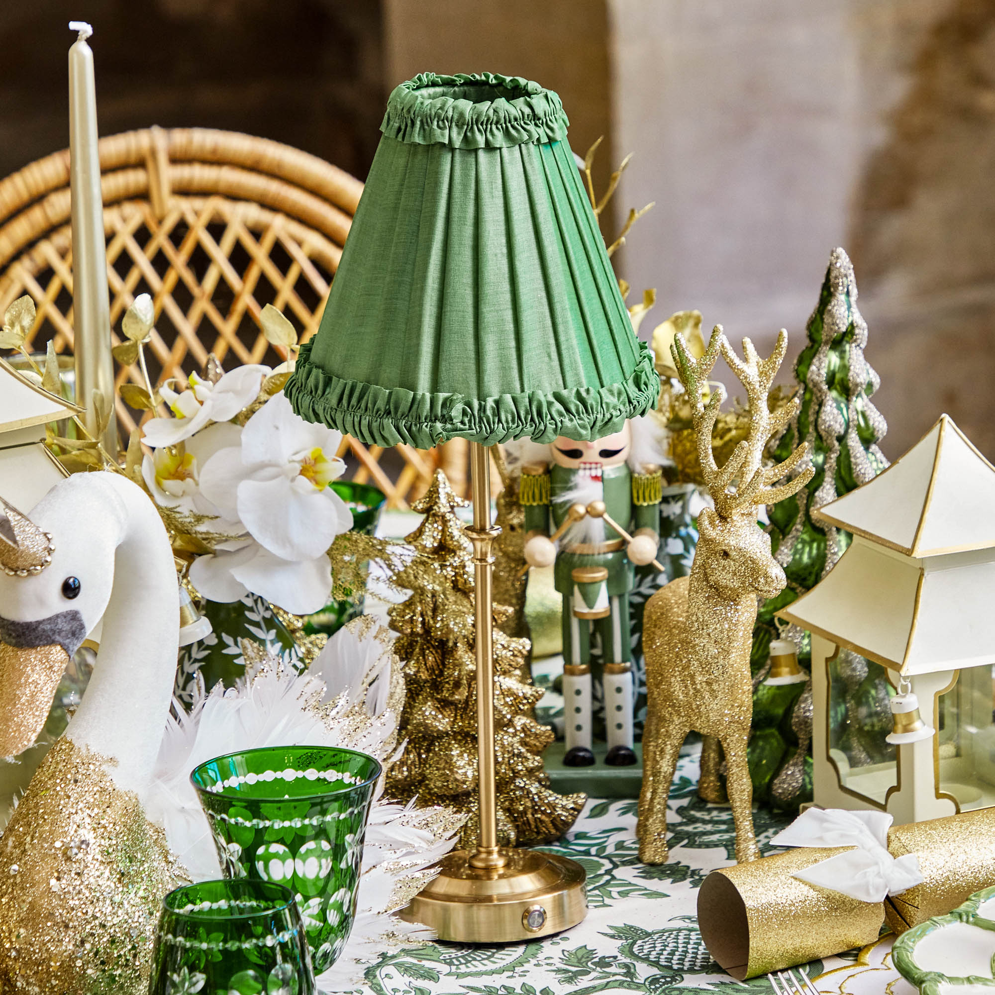 Edie Rechargeable Lamp with Green Frilled Silk Shade (18cm)