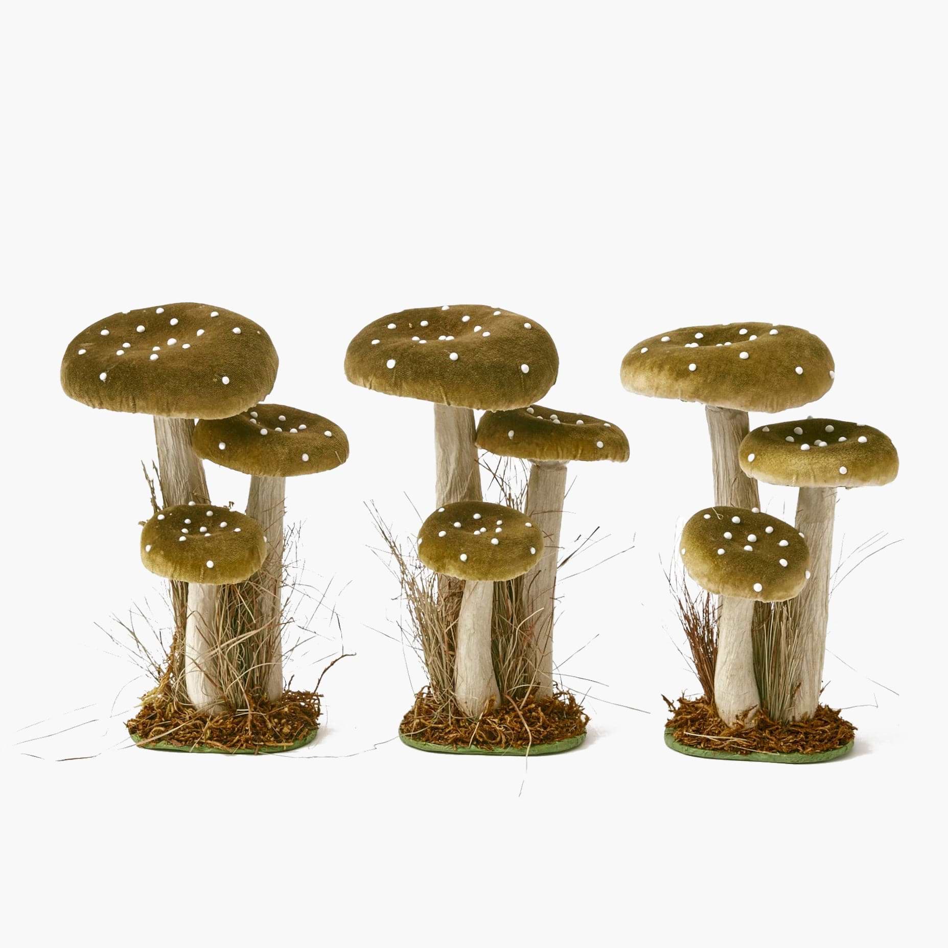 Elevate your space with the elegant Tall Green Velvet Mushroom Set, a trio of sophisticated charm.