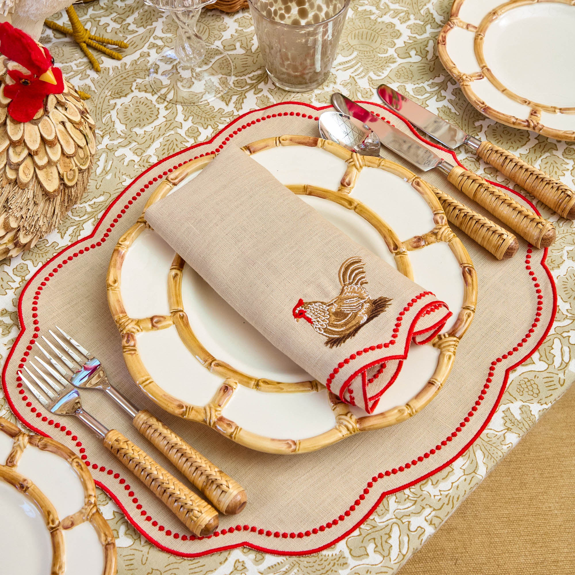 Eloise Putty & Red Linen Placemats & Henrietta Hen Napkins (Set of 4)