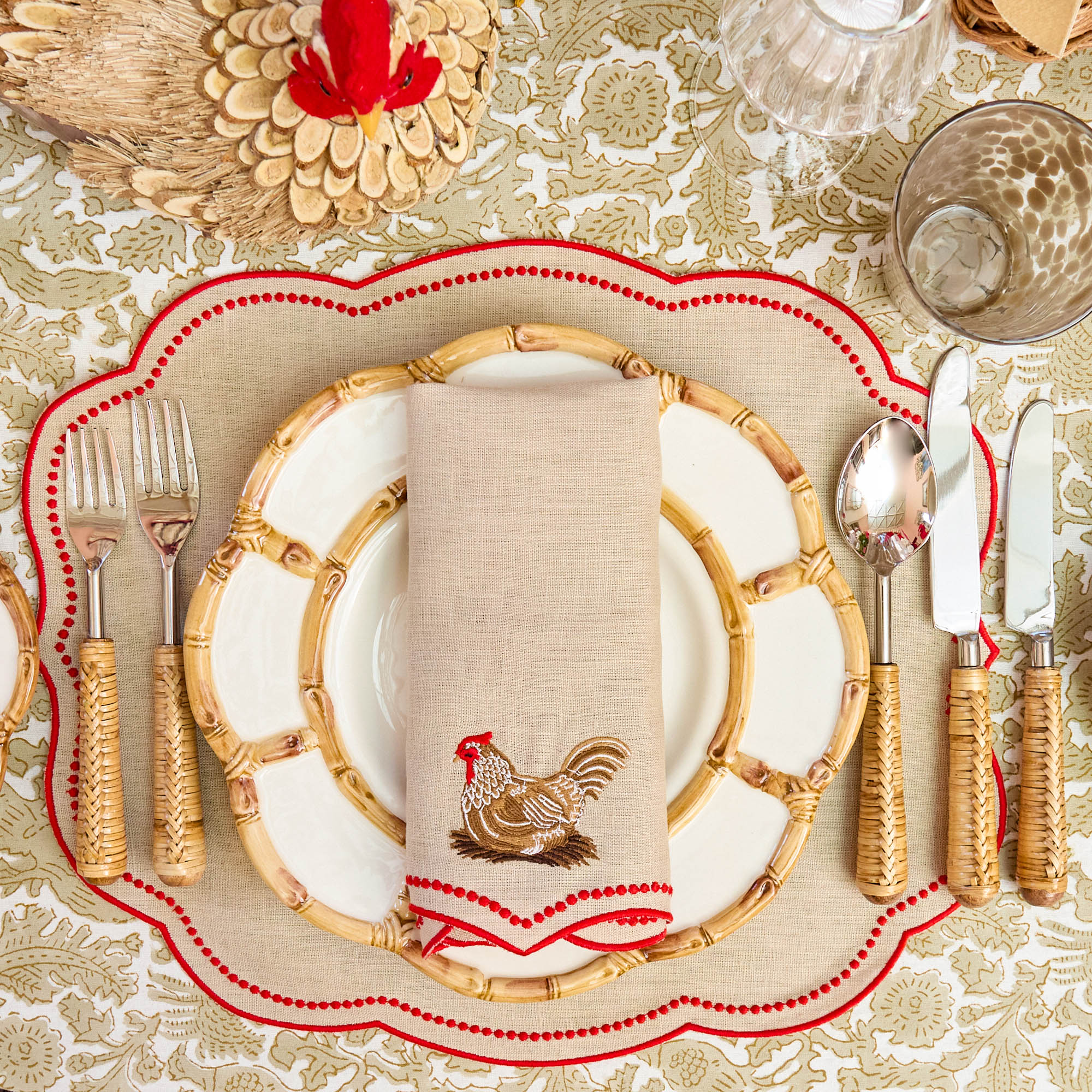 Eloise Putty & Red Linen Placemats & Henrietta Hen Napkins (Set of 4)