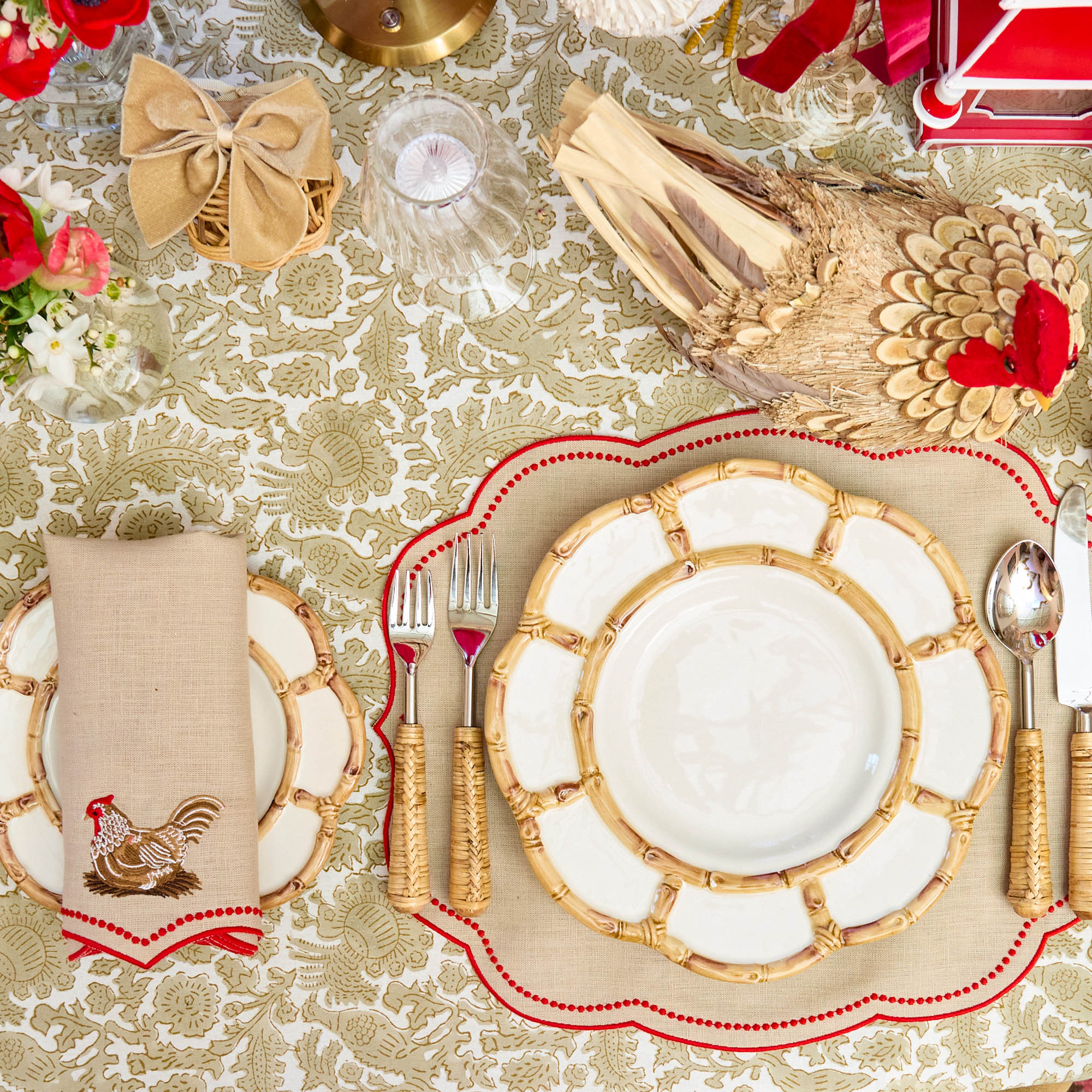 Eloise Putty & Red Linen Placemats & Henrietta Hen Napkins (Set of 4)