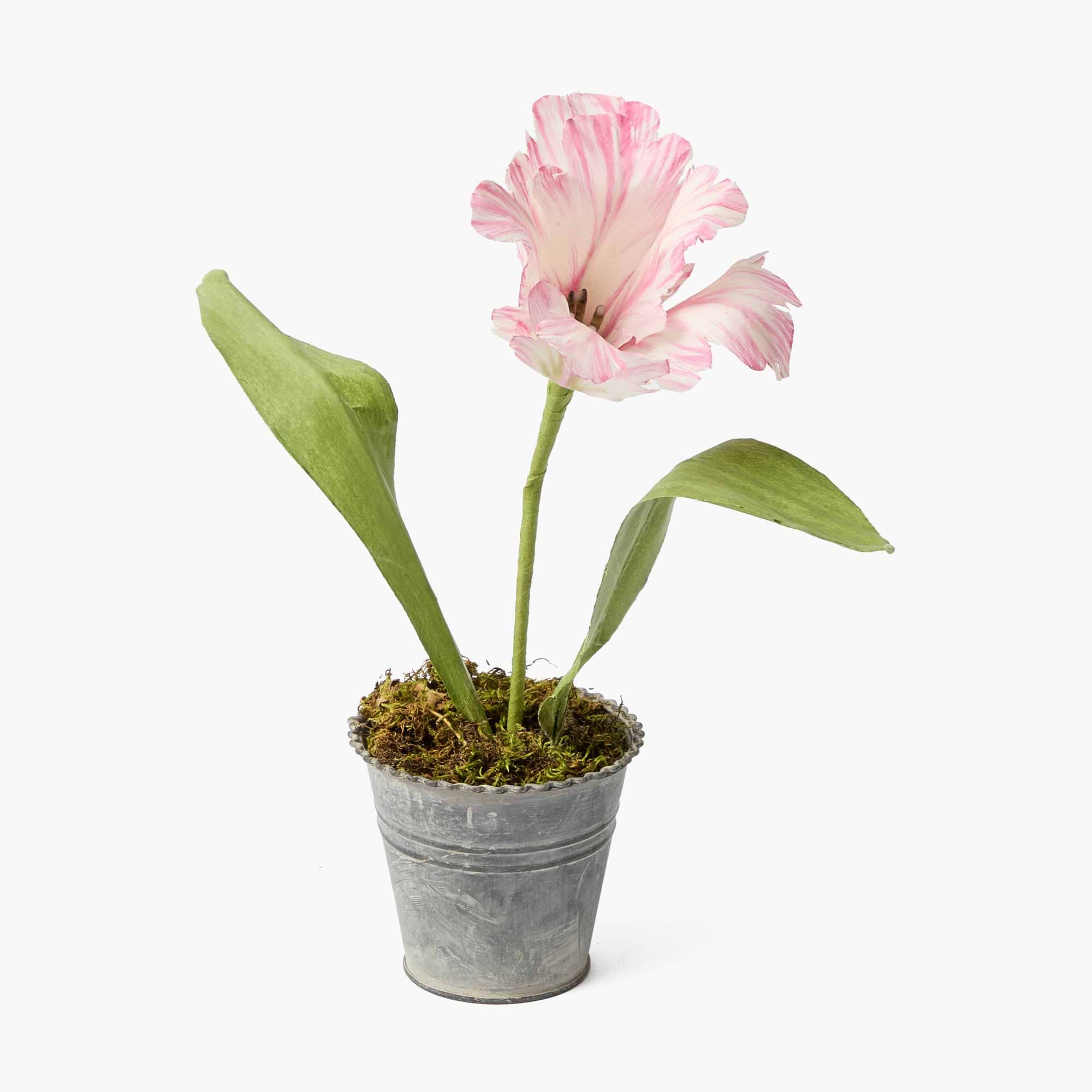 A handpainted pink tulip in a small metal pot with green leaves, designed as a decorative item.