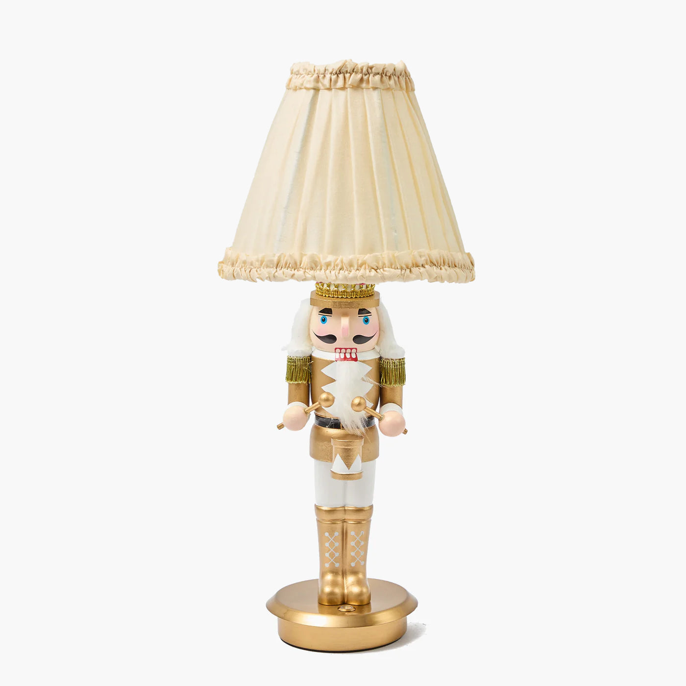 Gold Nutcracker Rechargeable Lamp with Cream Frilled Silk Shade (18cm)