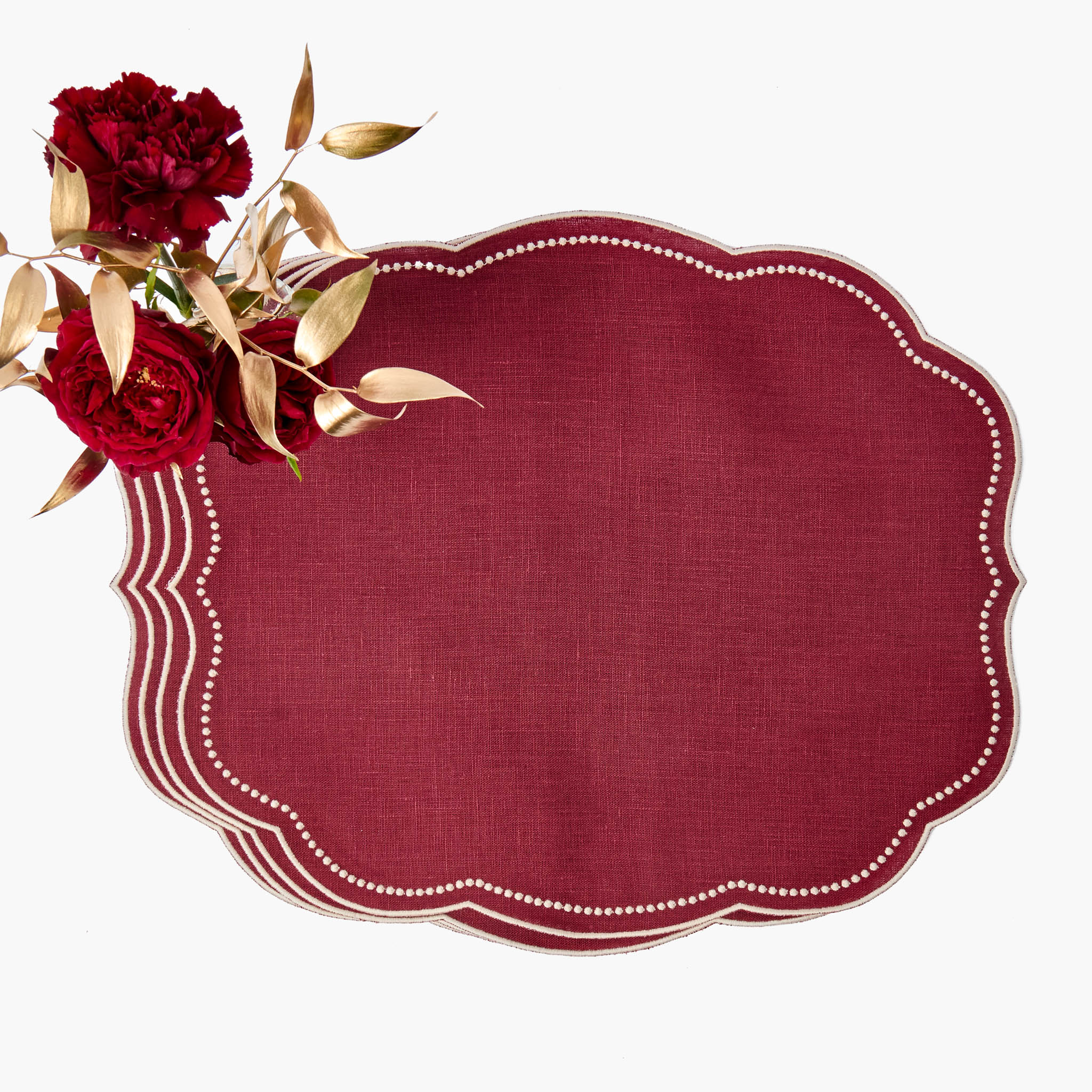Burgundy Linen & Embroidered Nutcracker Placemats & Napkins (Set of 4)