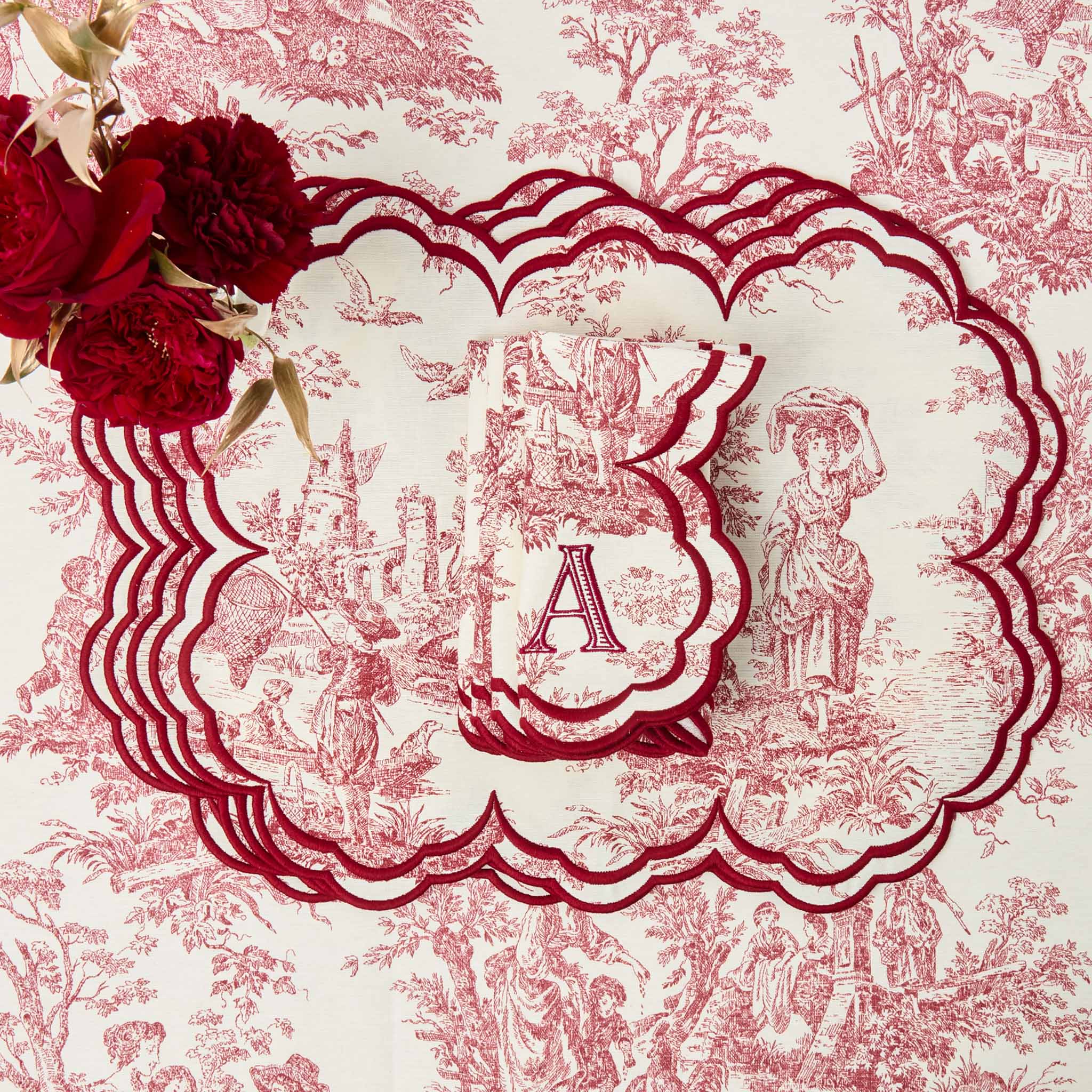 Burgundy Claudette Toile Placemats & Napkins (Set of 4)
