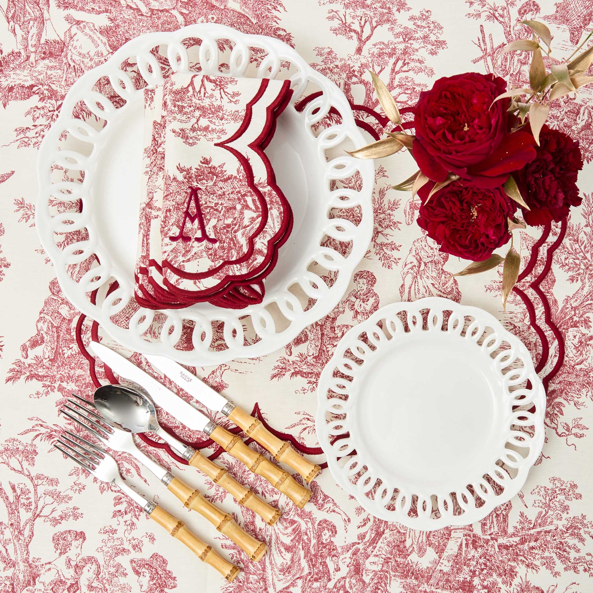 Burgundy Claudette Toile Placemats & Napkins (Set of 4)