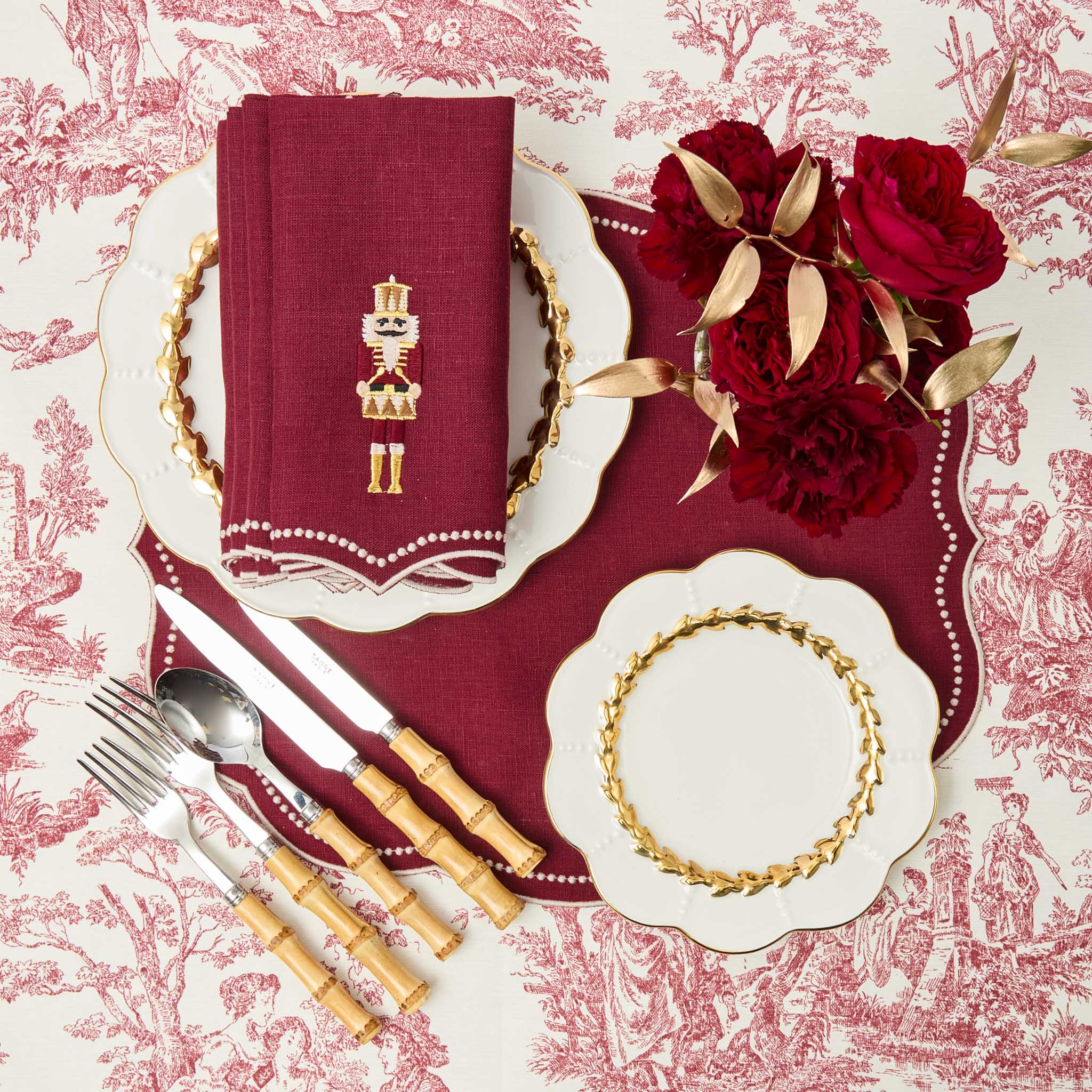 Burgundy Linen Embroidered Nutcracker Napkins (Set of 4)