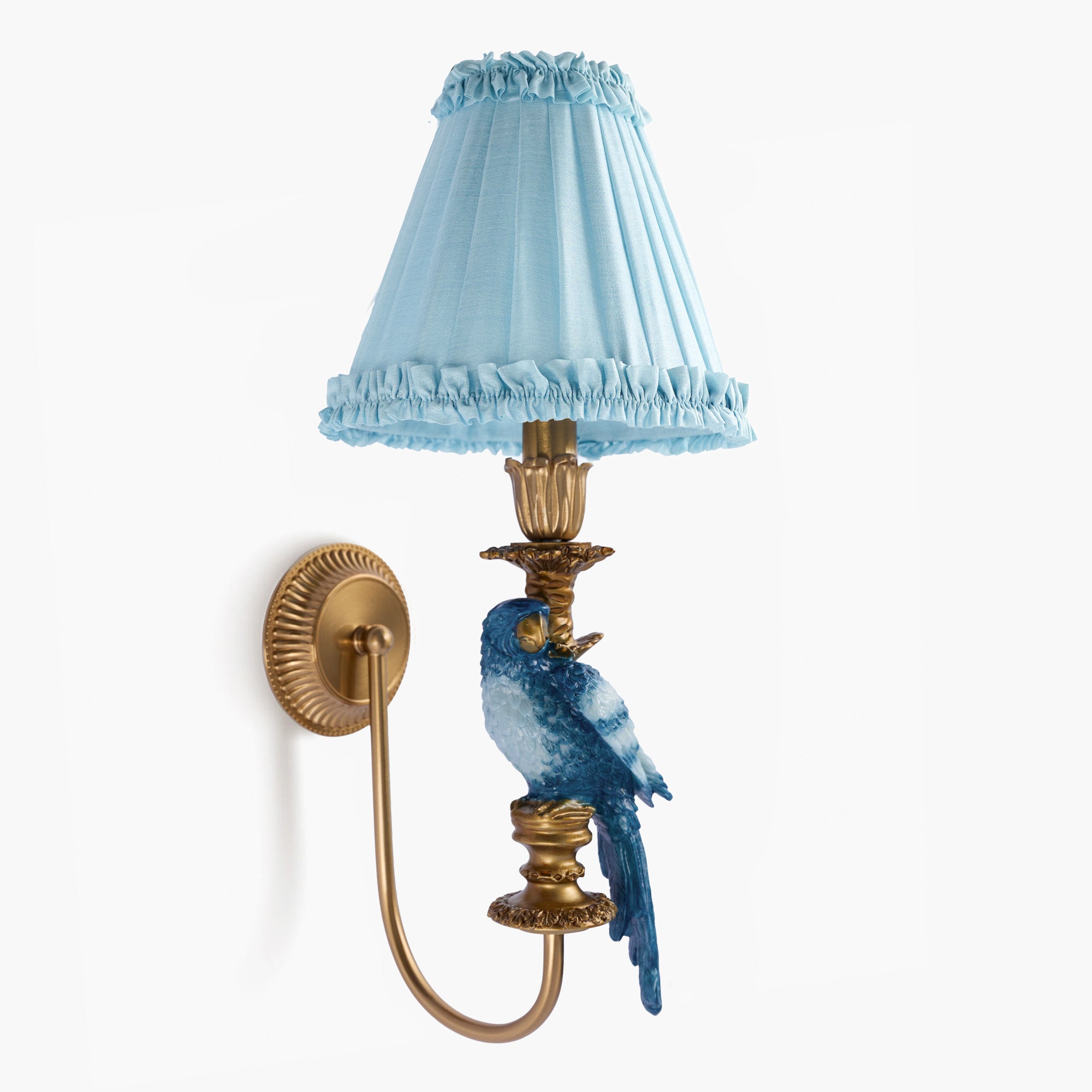 Blue Parrot Rechargeable Wall Light with Soft Blue Frilled Silk Shade (18cm)