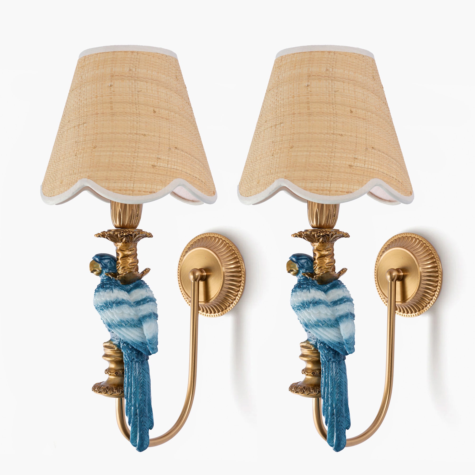 Pair of Blue Parrot Rechargeable Wall Lights with Grasscloth Shades (18cm)
