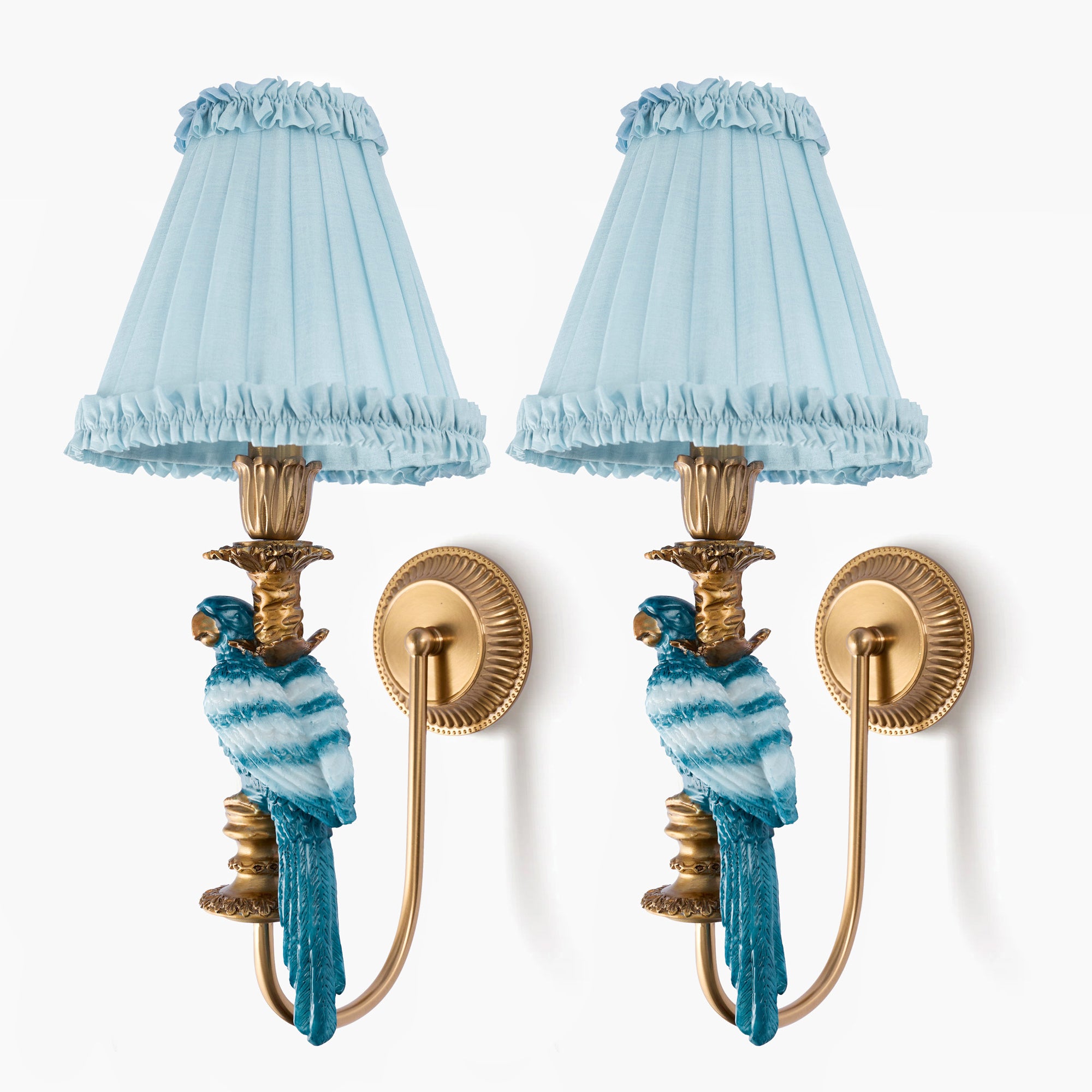 Pair of Blue Parrot Rechargeable Wall Lights with Soft Blue Frilled Silk Shades (18cm)