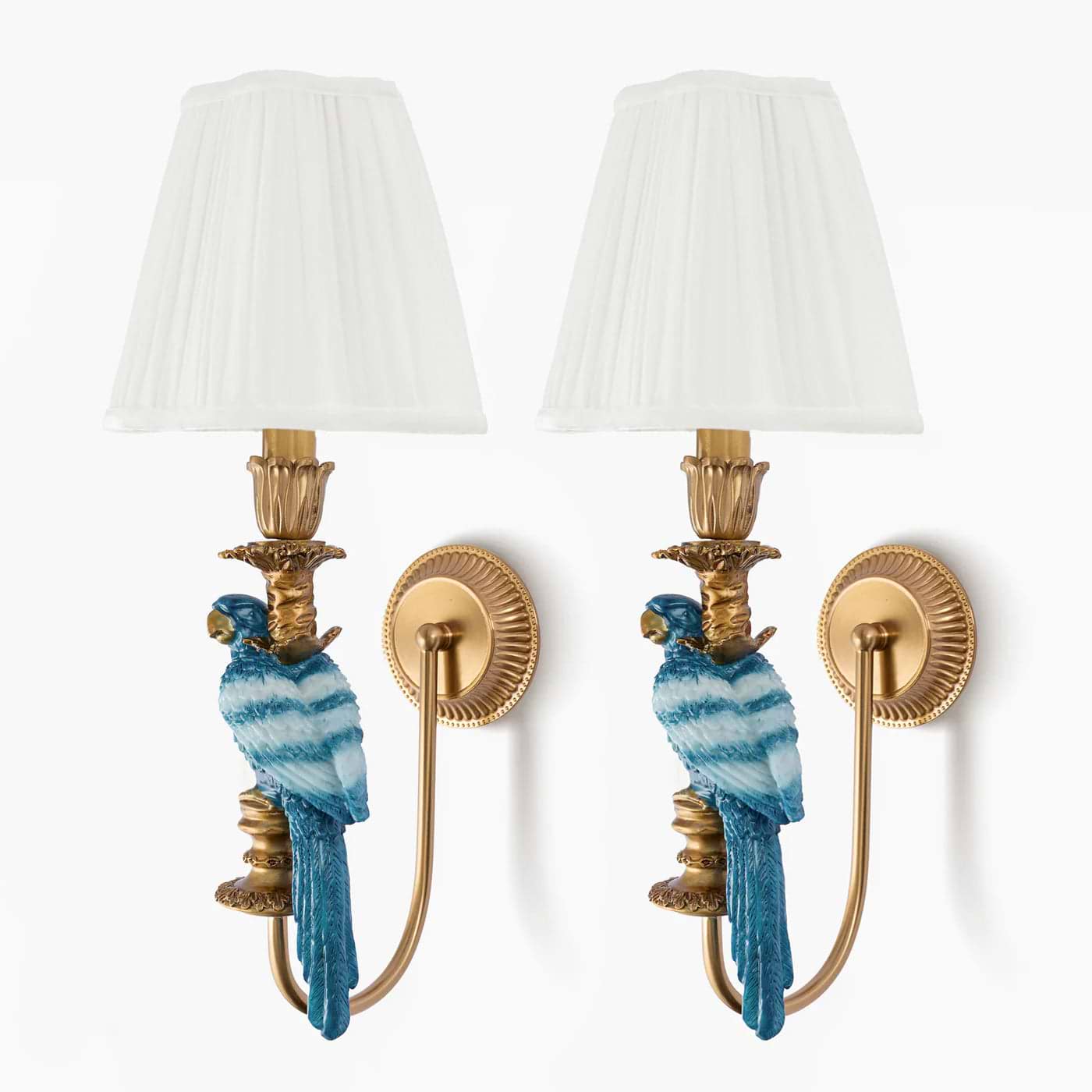Pair of Blue Parrot Rechargeable Wall Lights with Cream Pleated Shades (18cm)