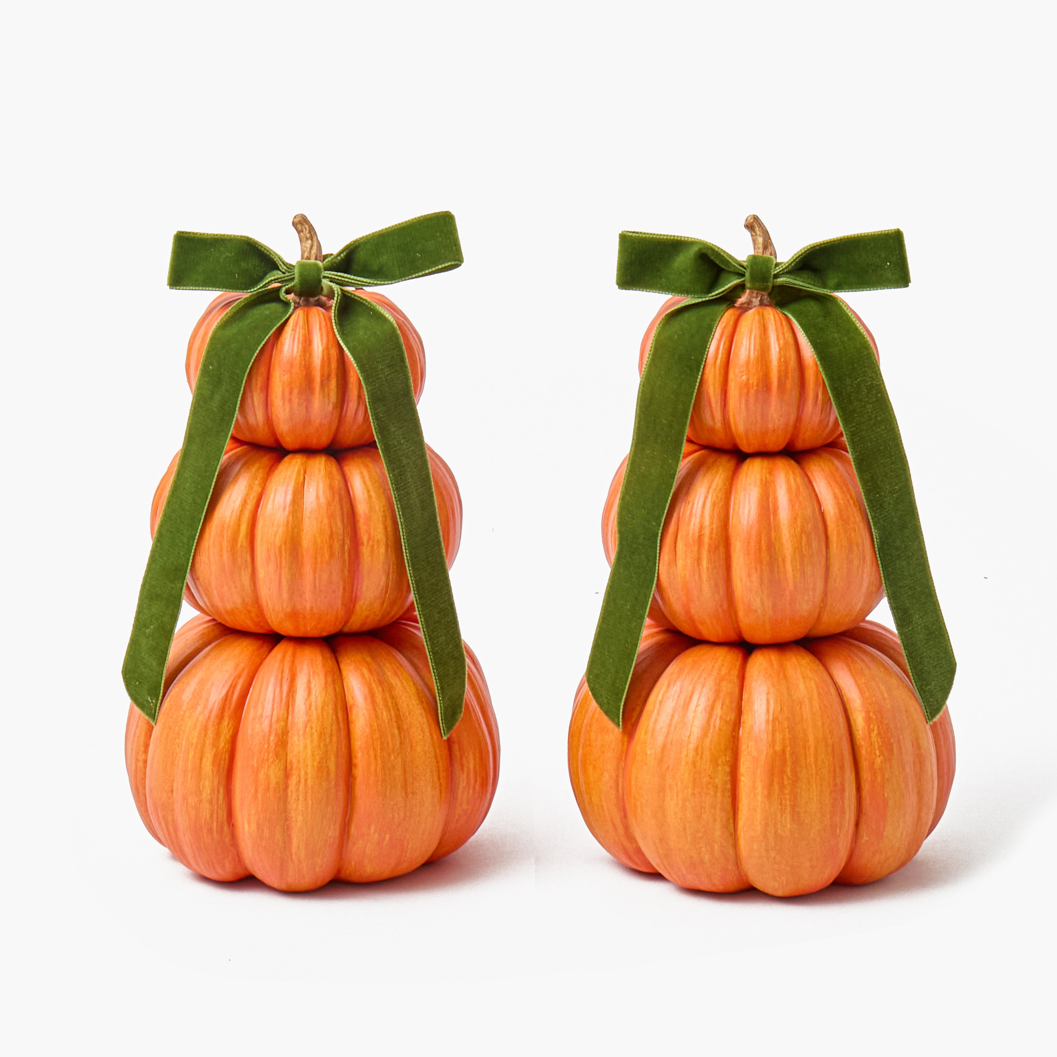 Orange Stacked Pumpkins with Green Bow (Pair)