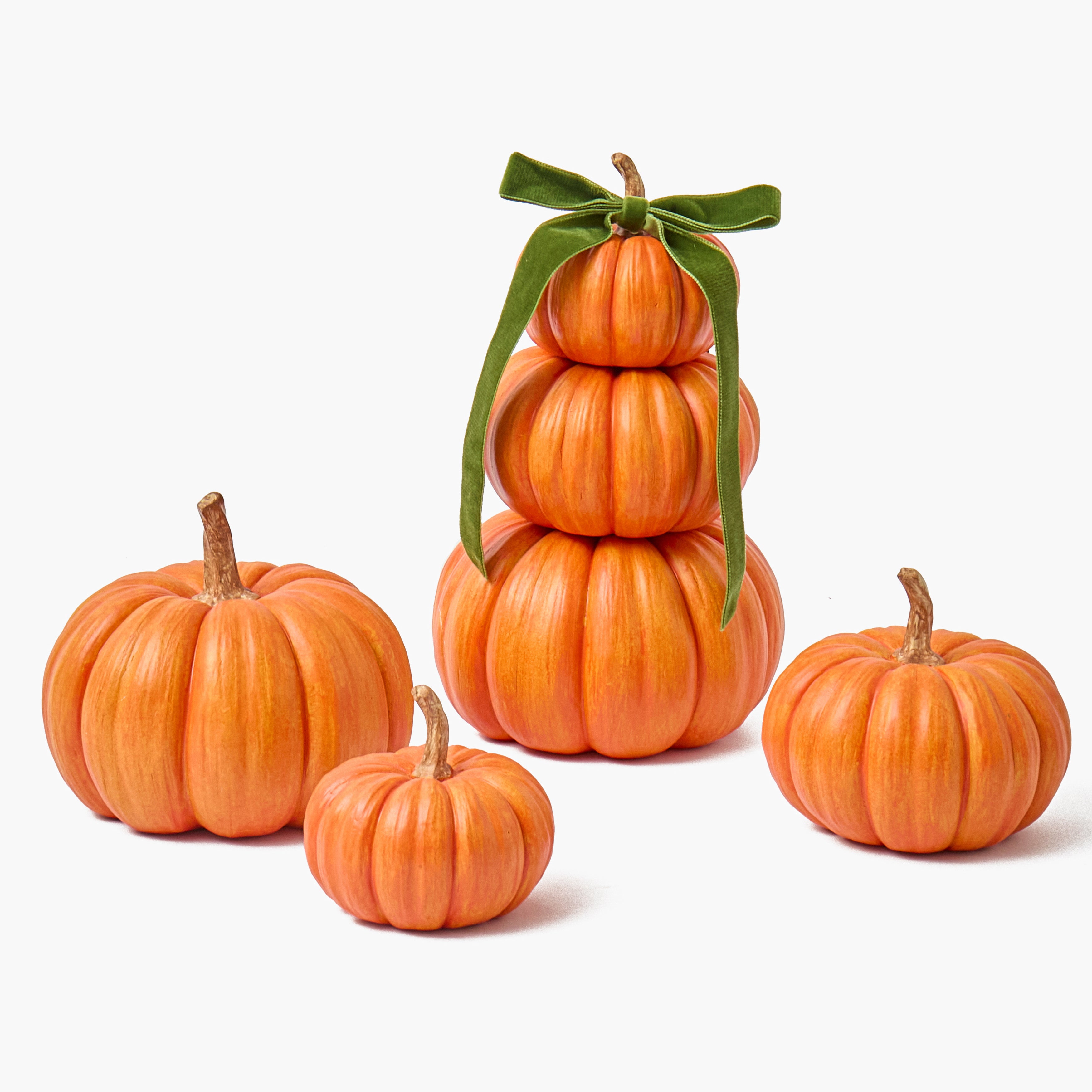 Orange Stacked Pumpkins with Green Bow (Pair)