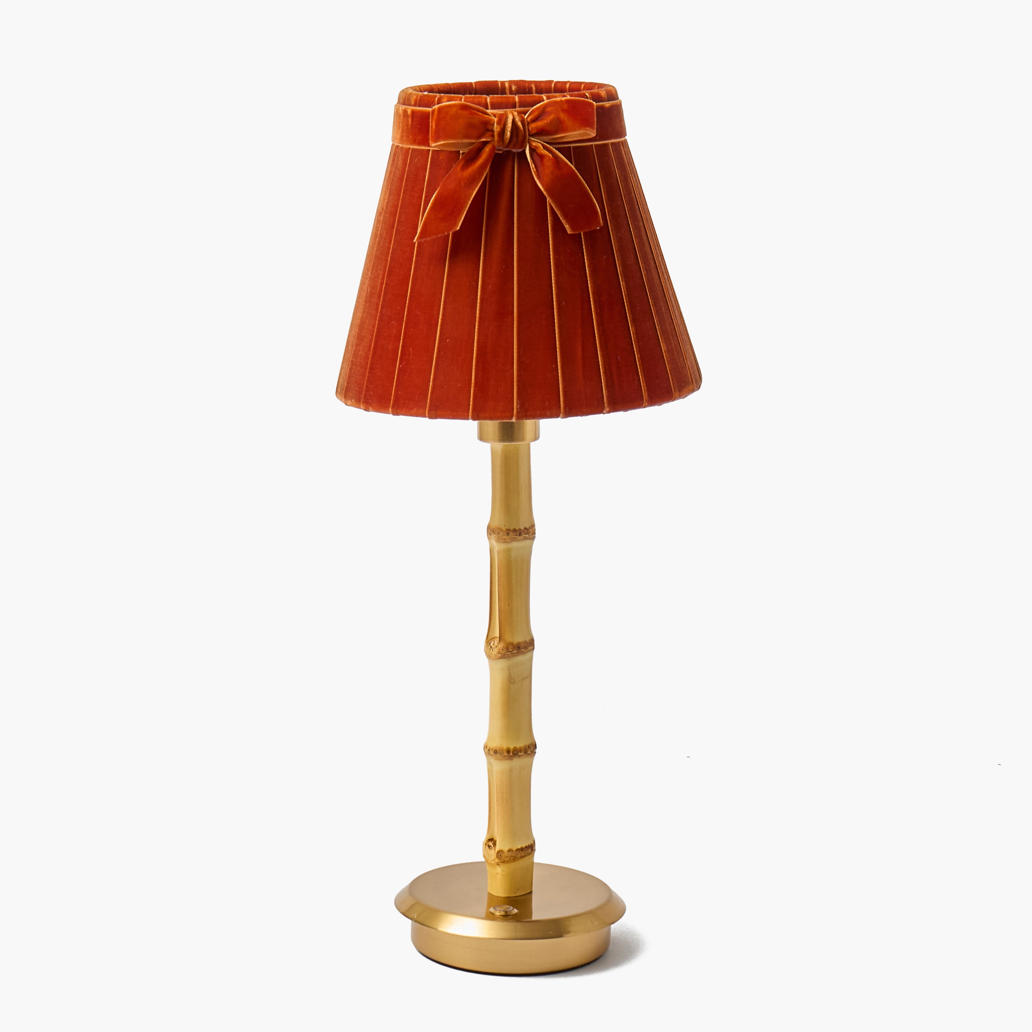 Bamboo Rechargeable Lamp with Burnt Orange Velvet Bow Shade (18cm)