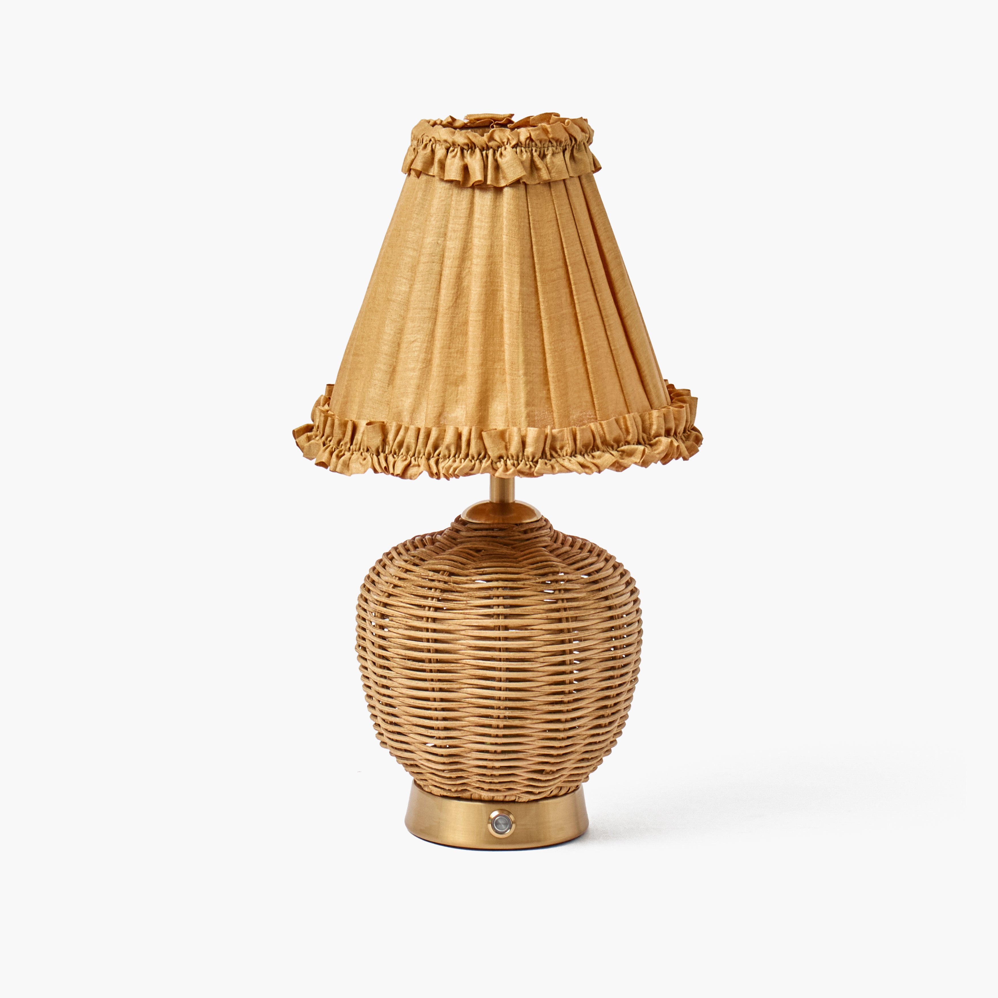 Rattan Ursula Rechargeable Lamp with Caramel Silk Frilled Shade (18cm)