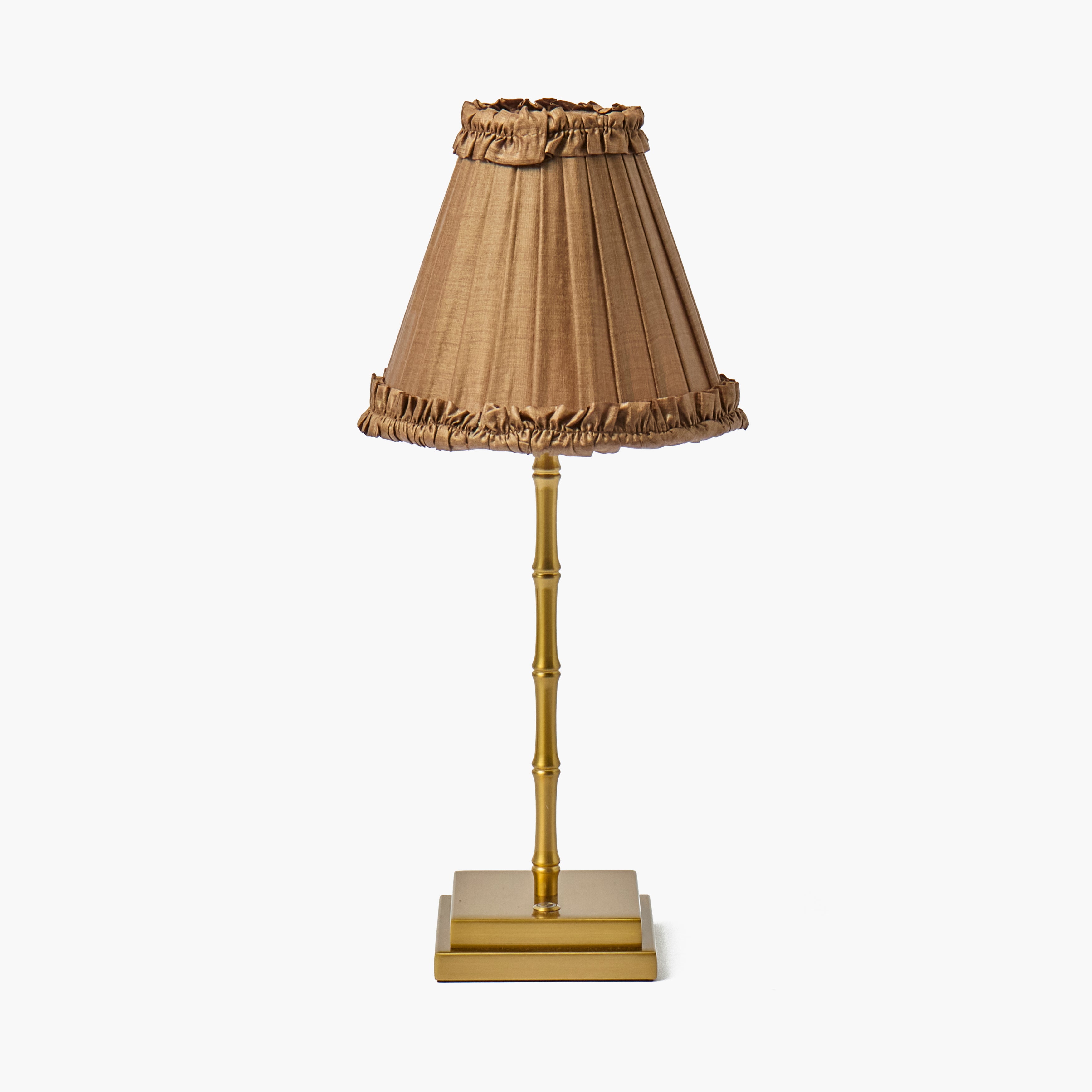 Lucille Metal Bamboo Rechargeable Lamp with Brown Frilled Silk Shade (18cm)