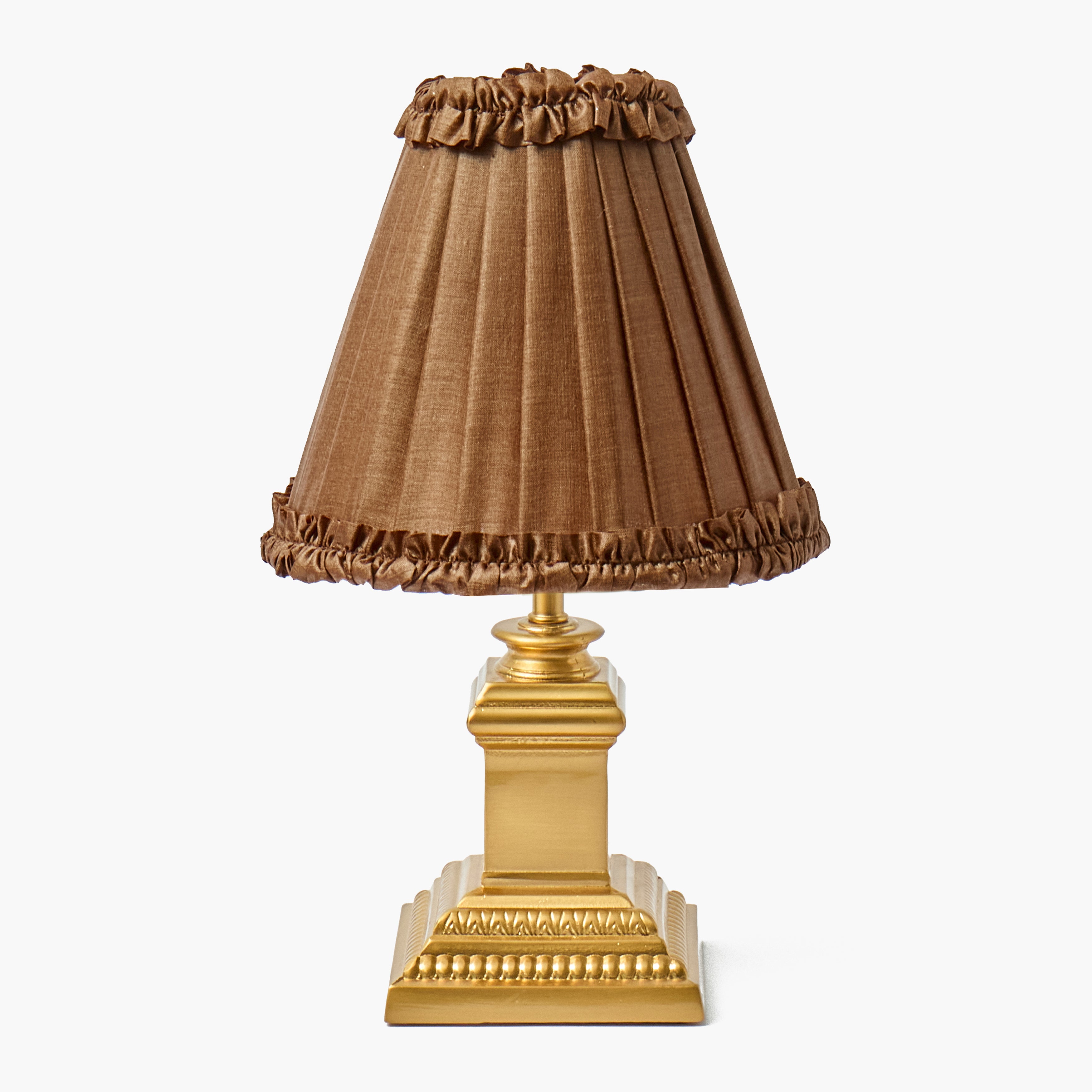 Short Corinthian Square Rechargeable Lamp with Brown Frilled Silk Shade (18cm)