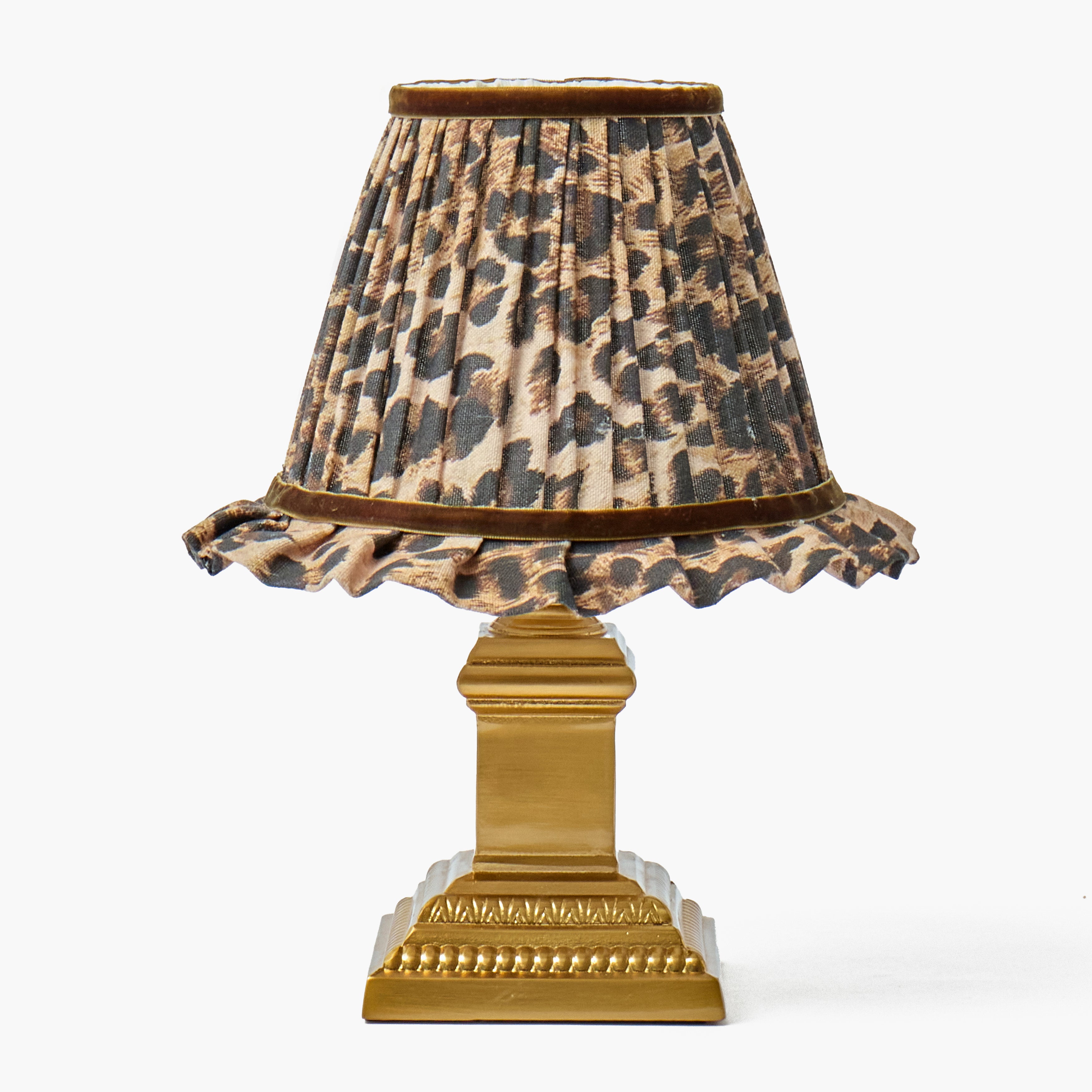 Short Corinthian Square Rechargeable Lamp with Brown Leopard Ruffle Shade (18cm)
