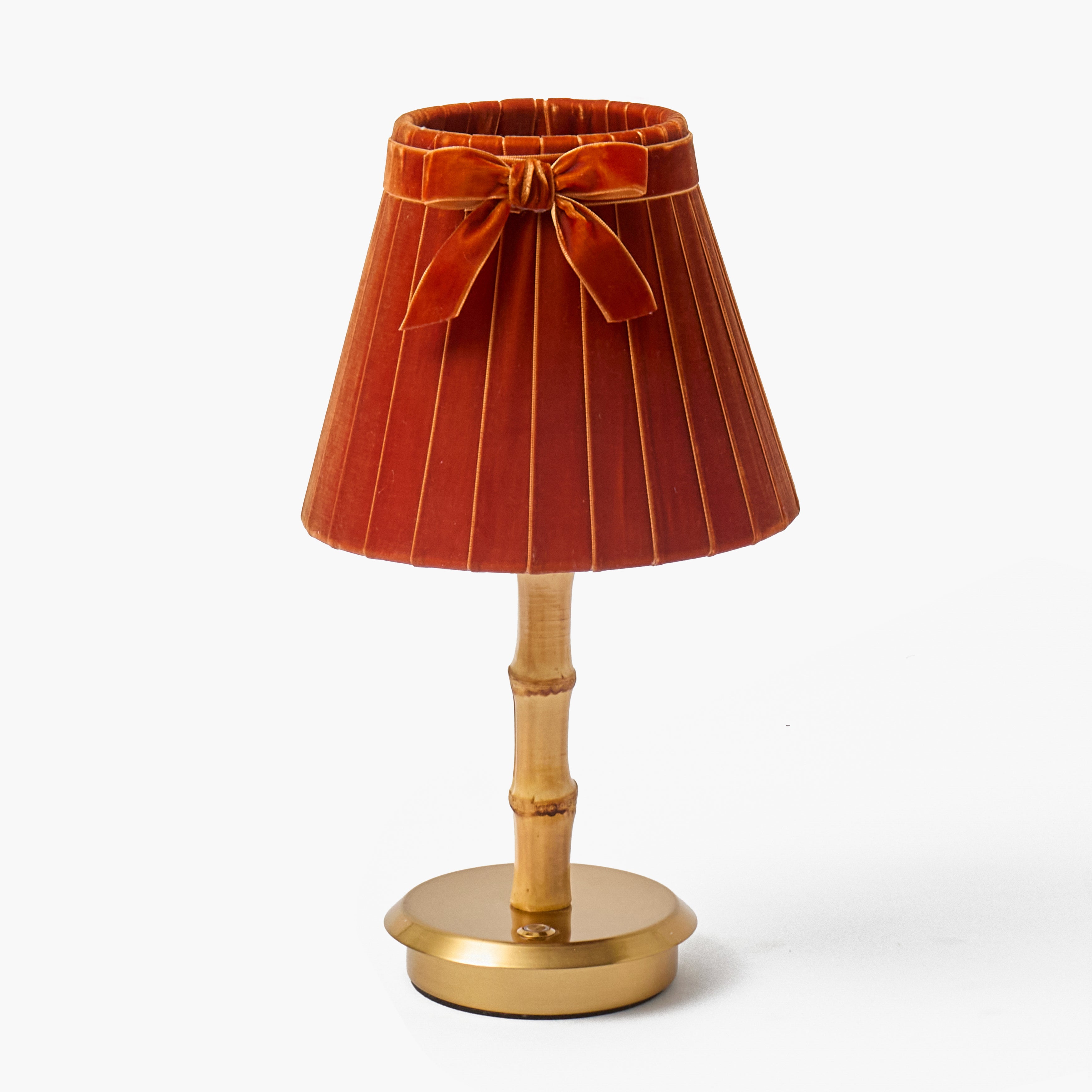 Bamboo Short Rechargeable Lamp with Burnt Orange Velvet Bow Shade (18cm)