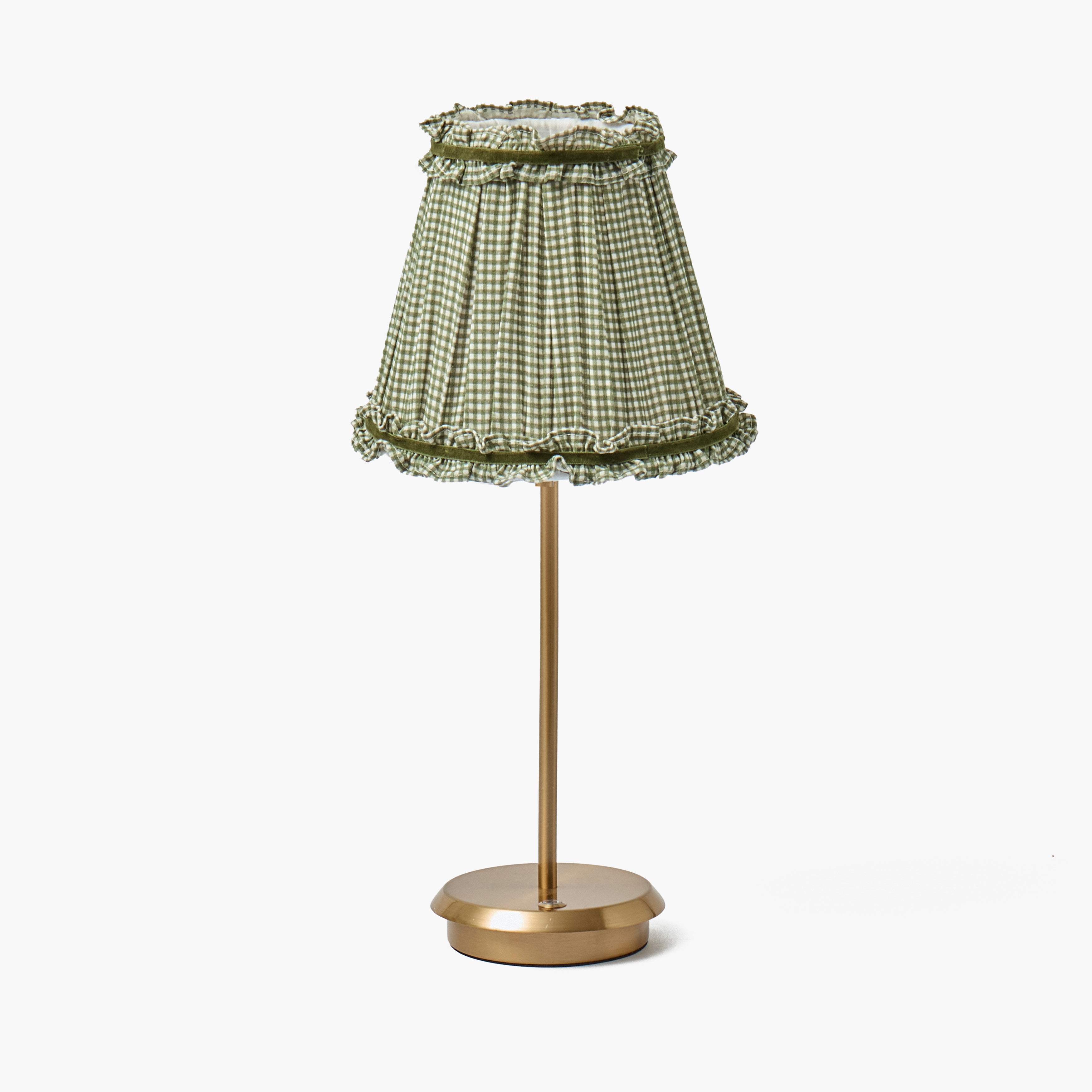 Tall Rechargeable Lamp with Green Gingham Frilled Shade (18cm)